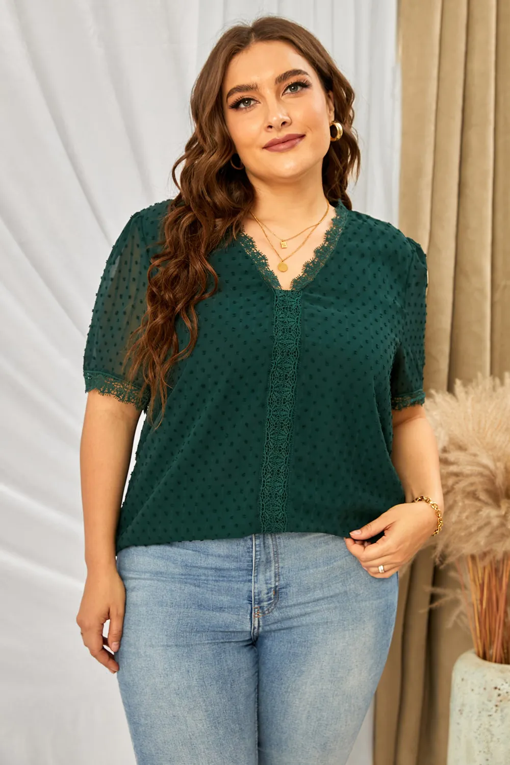 Plus Size Swiss Dot Spliced Lace V-Neck Blouse, image 4