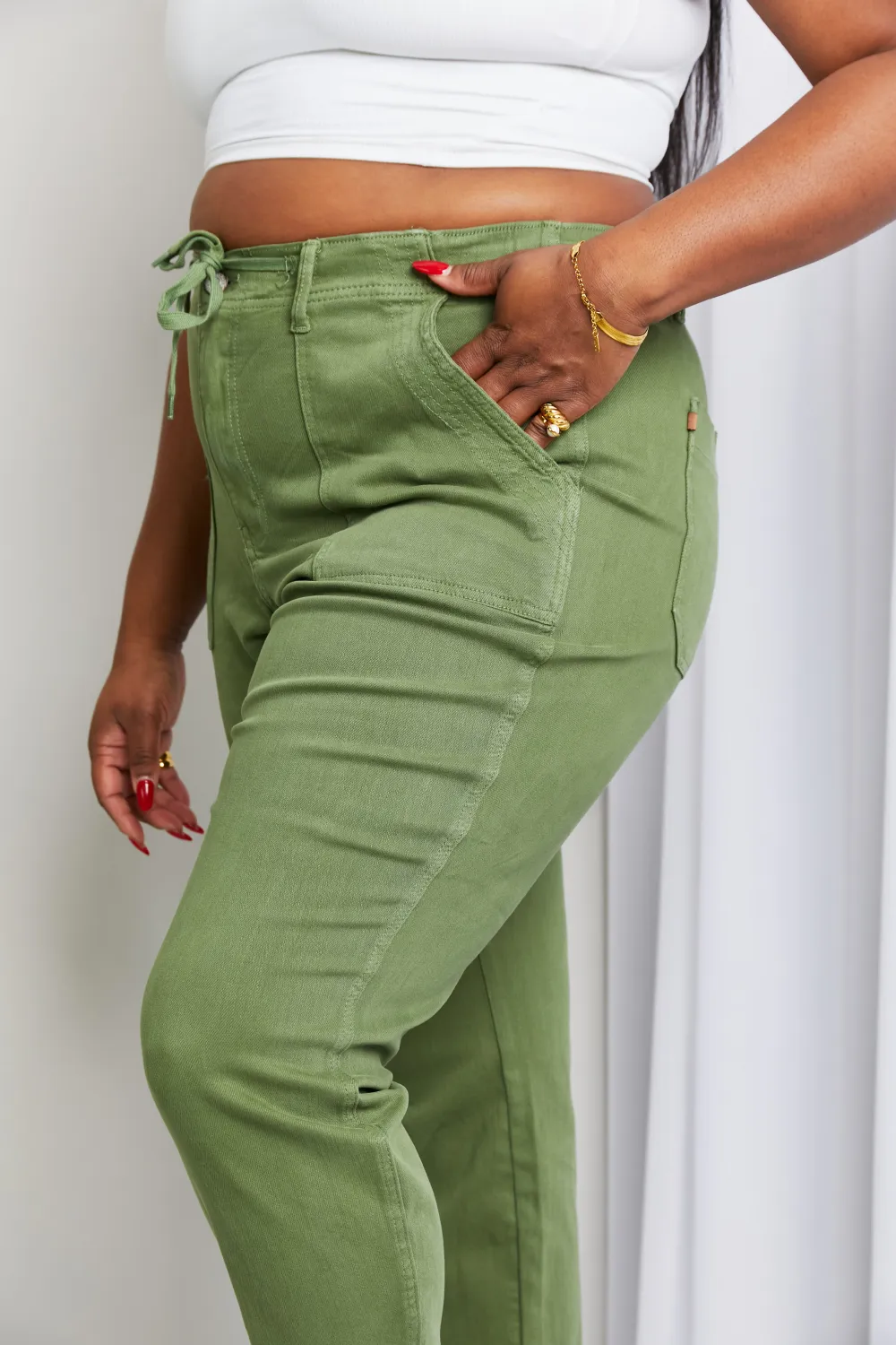 Full Size Drawstring Waist Pocket Jeans, image 4