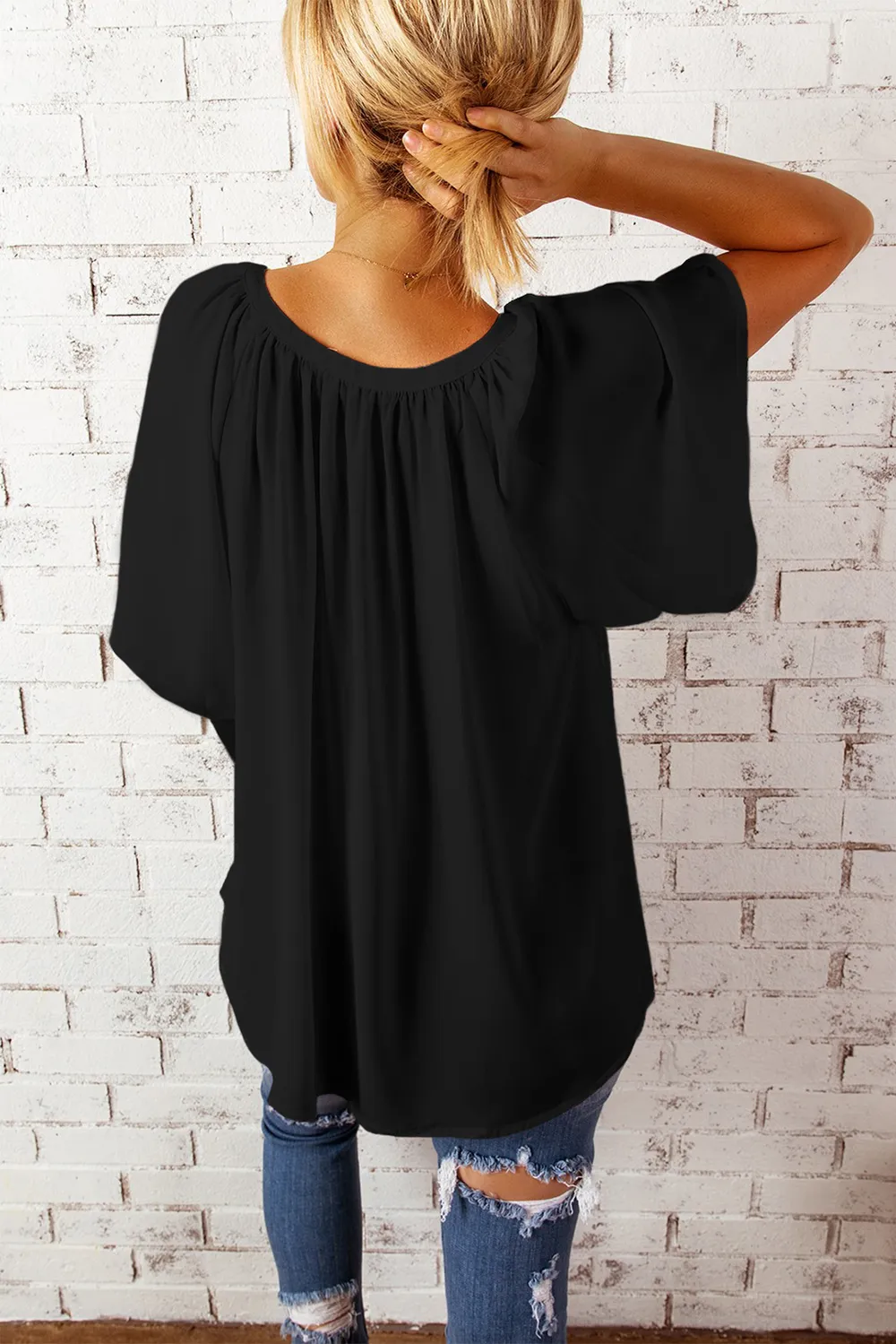 Gathered Detail Notched Neck Flutter Sleeve Top, image 10