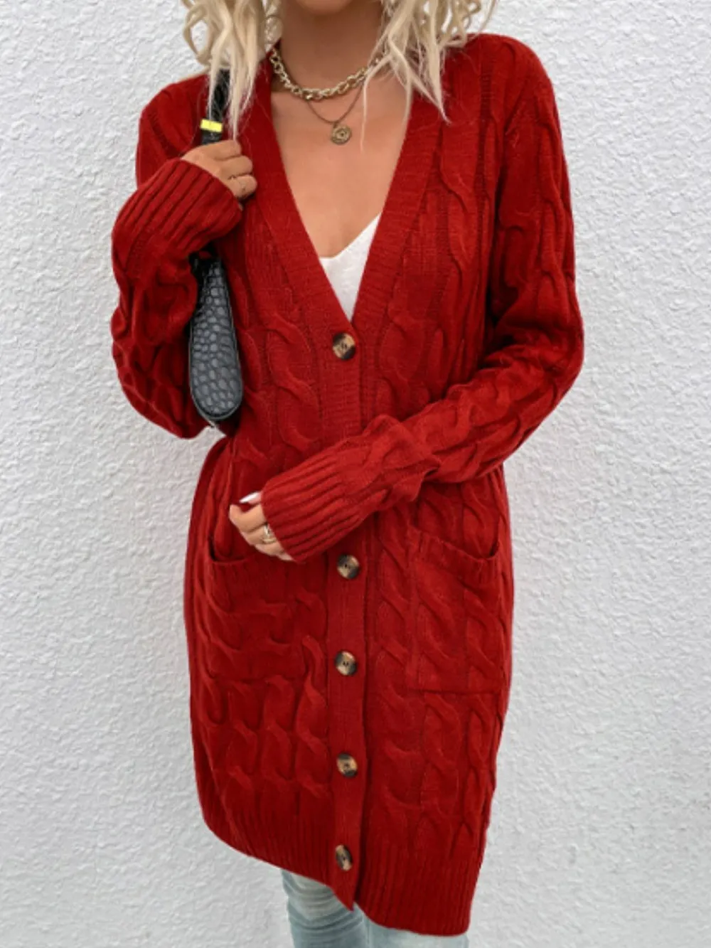 Cable-Knit Button Down Cardigan with Pockets, image 21