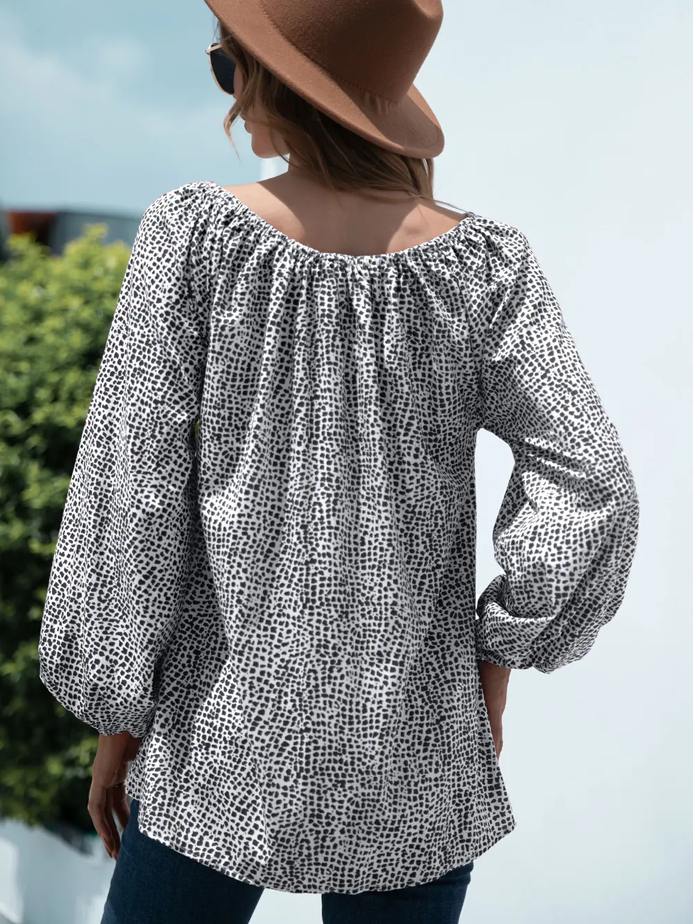 Printed Tie-Neck Balloon Sleeve Blouse, image 2
