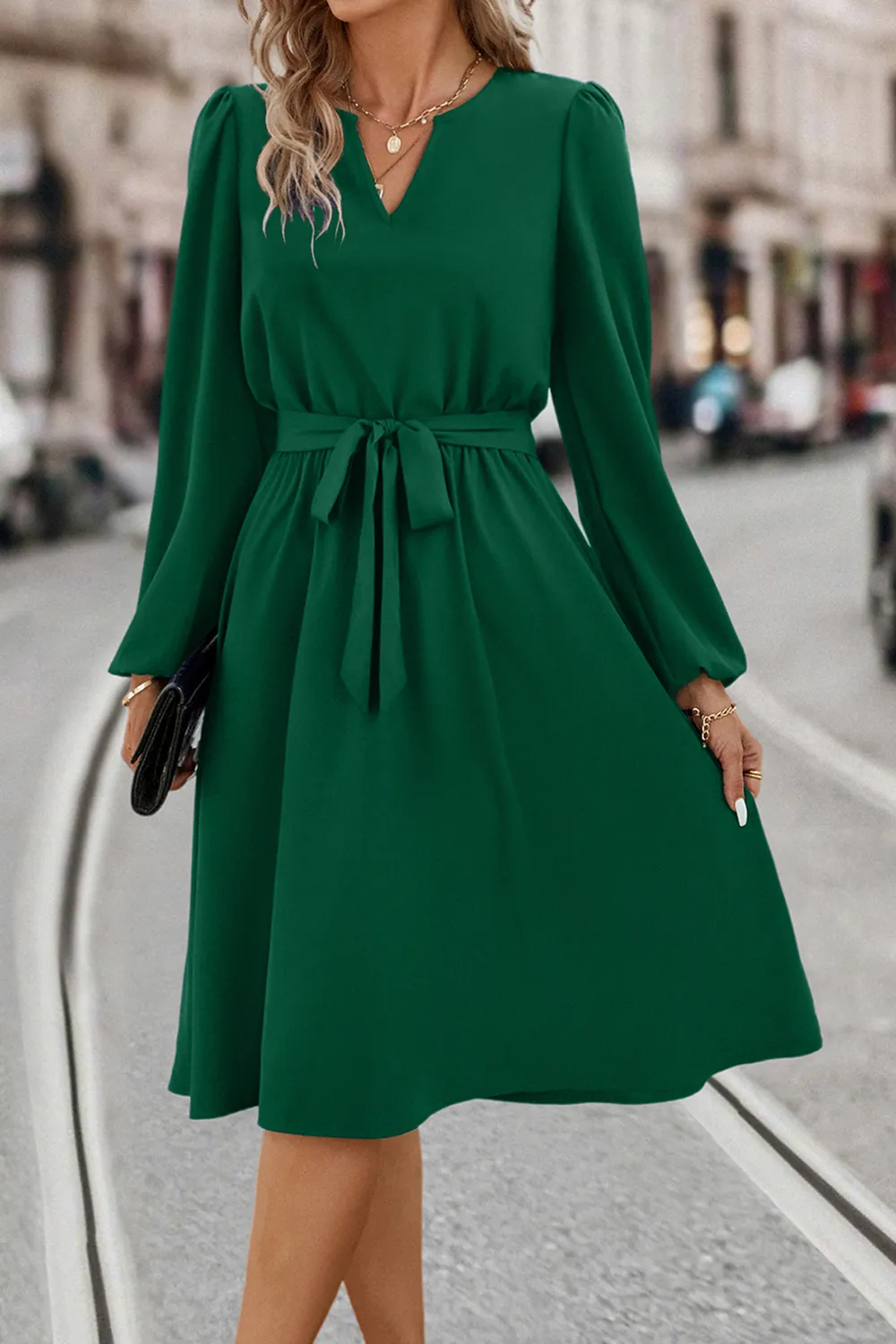 Tie Waist Notched Neck Long Sleeve Dress, image 3