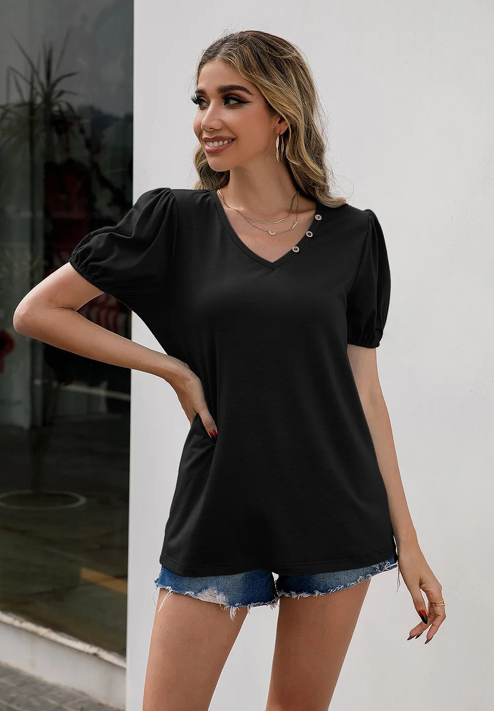 V-Neck Decorative Buttons Puff Sleeve Tee, image 5
