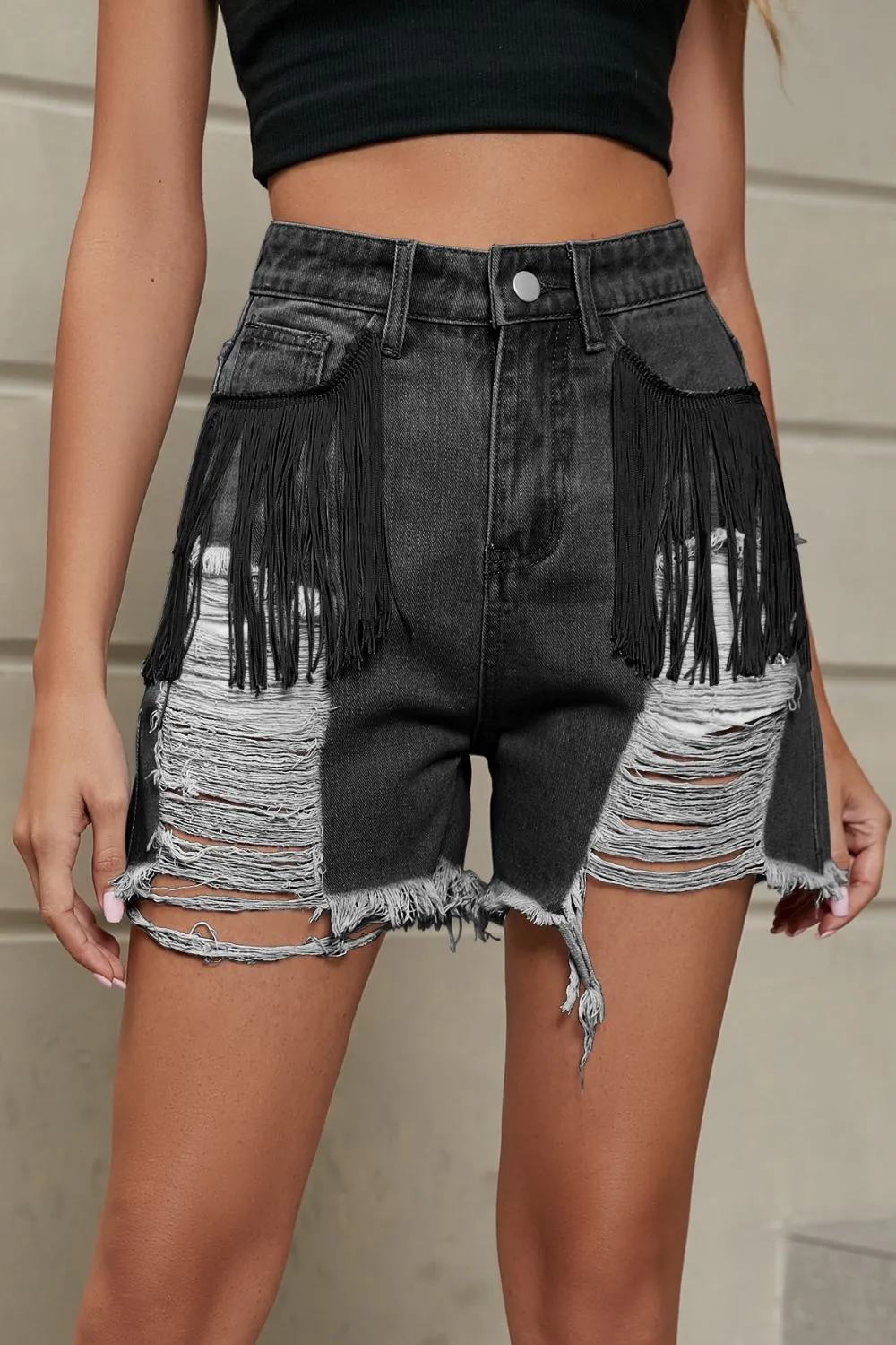 Fringe Trim Distressed Denim Shorts with Pockets, image 6