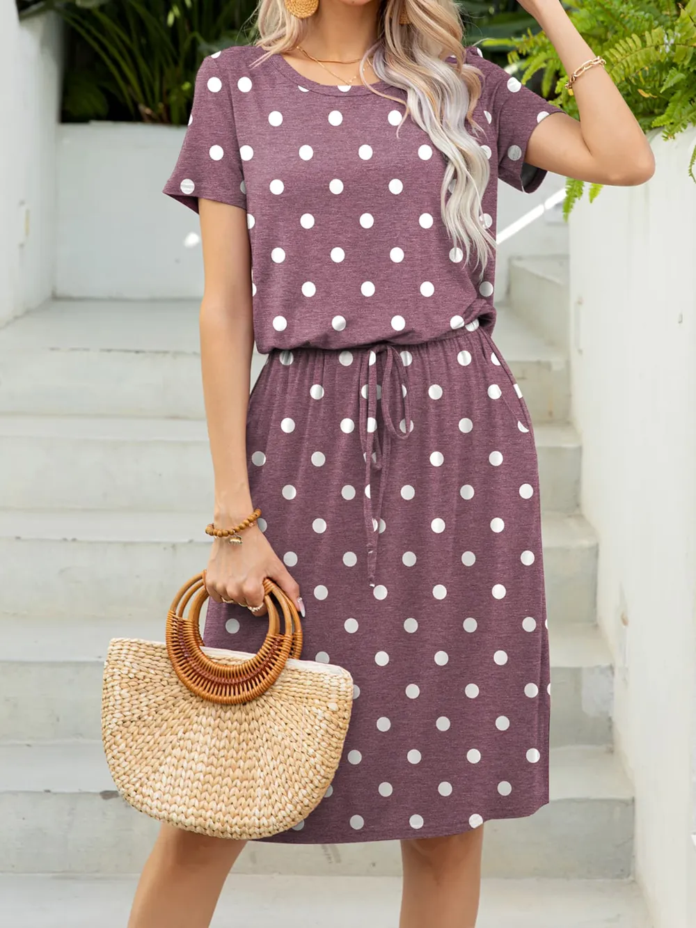 Round Neck Short Sleeve Slit Dress with Pockets, image 8
