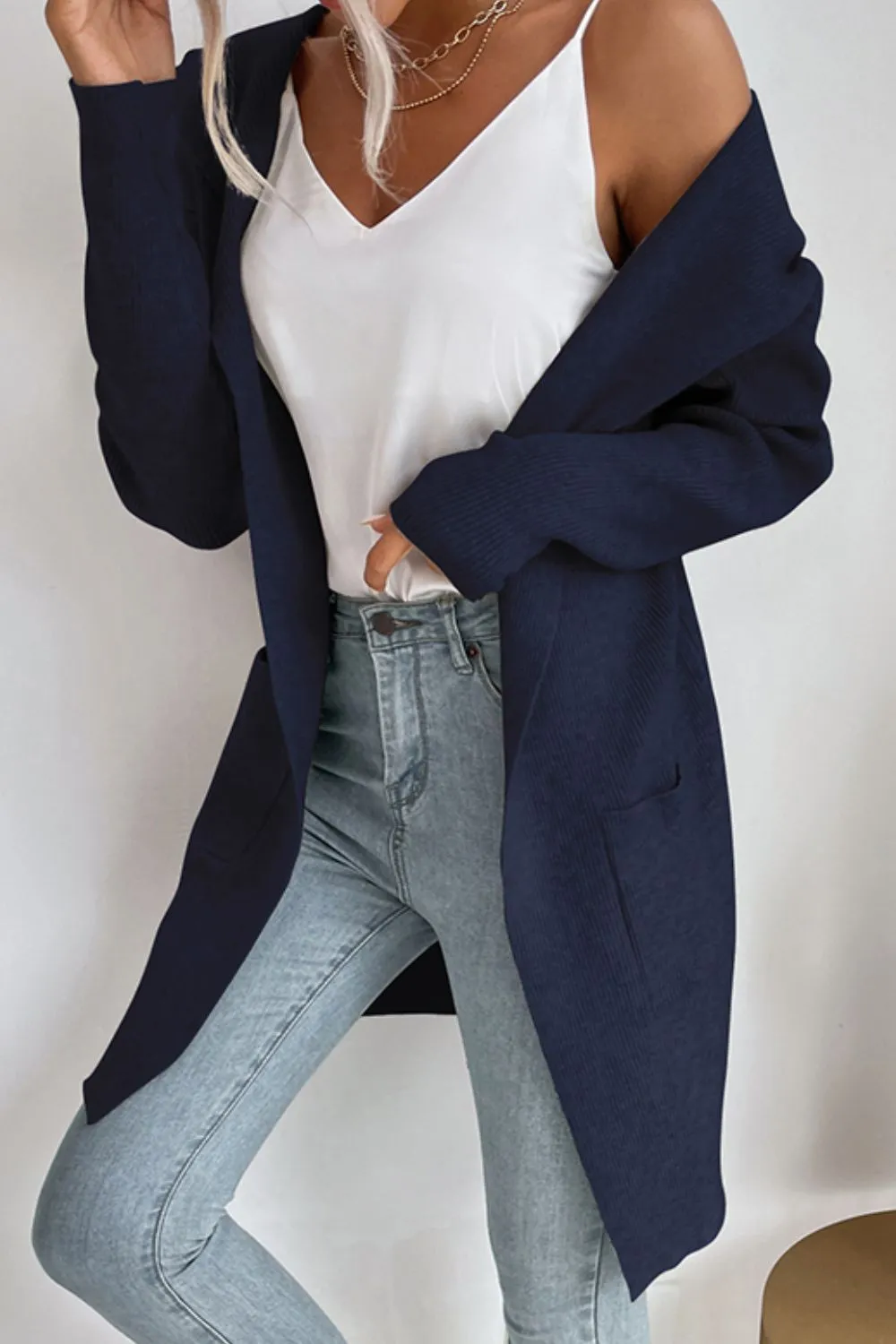 Ribbed Open Front Hooded Cardigan with Pockets, image 5