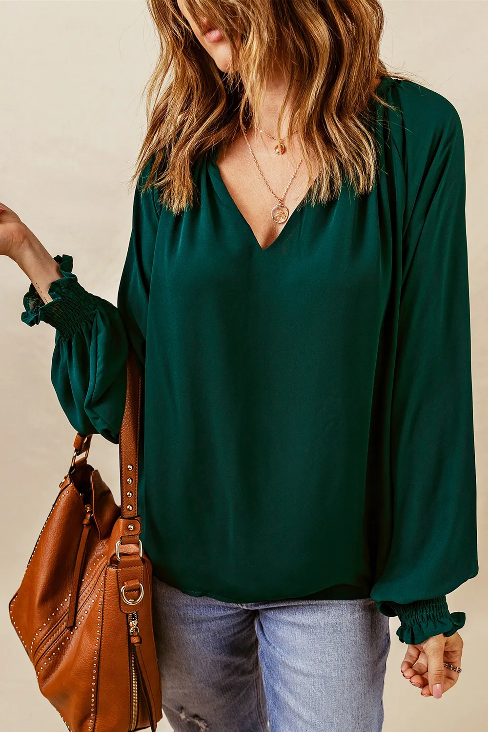 Notched Neck Lantern Sleeve Blouse, image 10