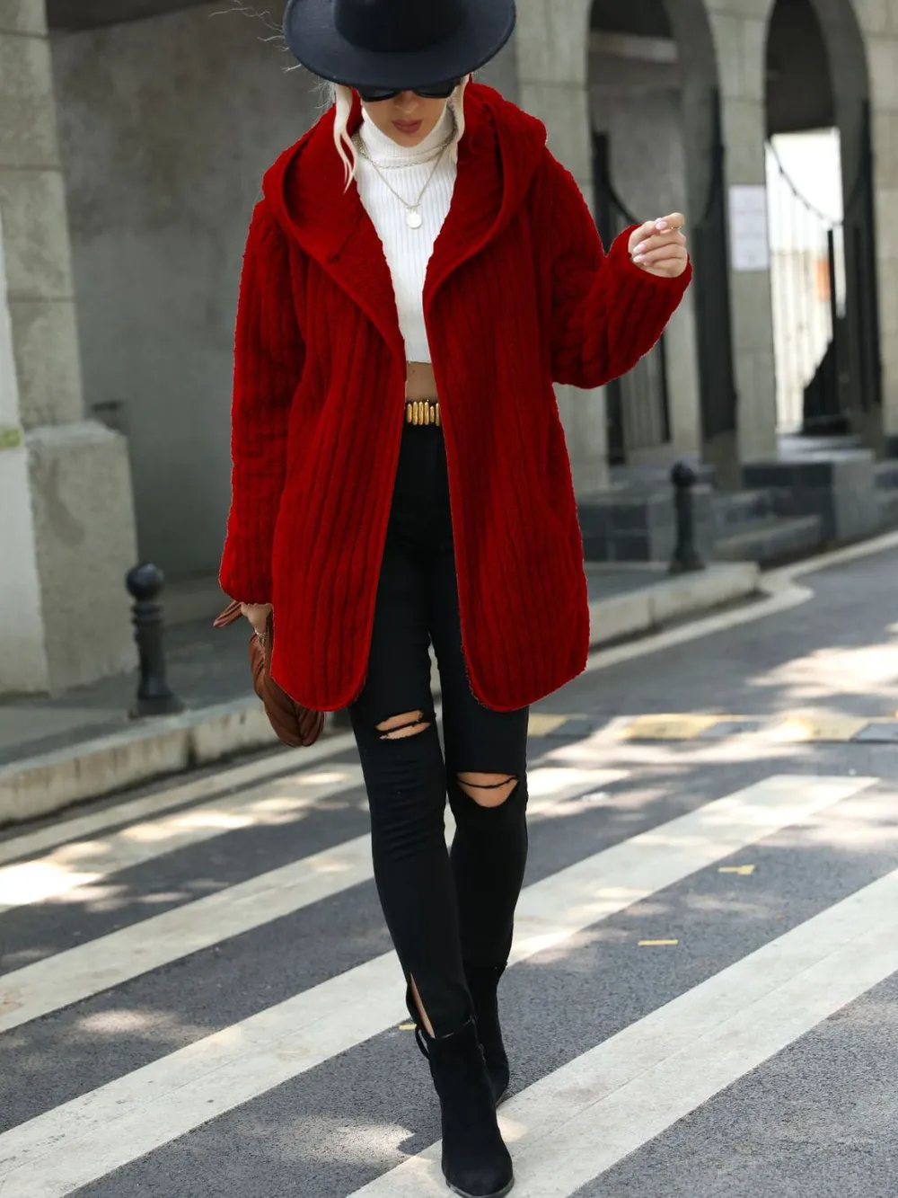 Open Front Ribbed Hooded Coat, image 7