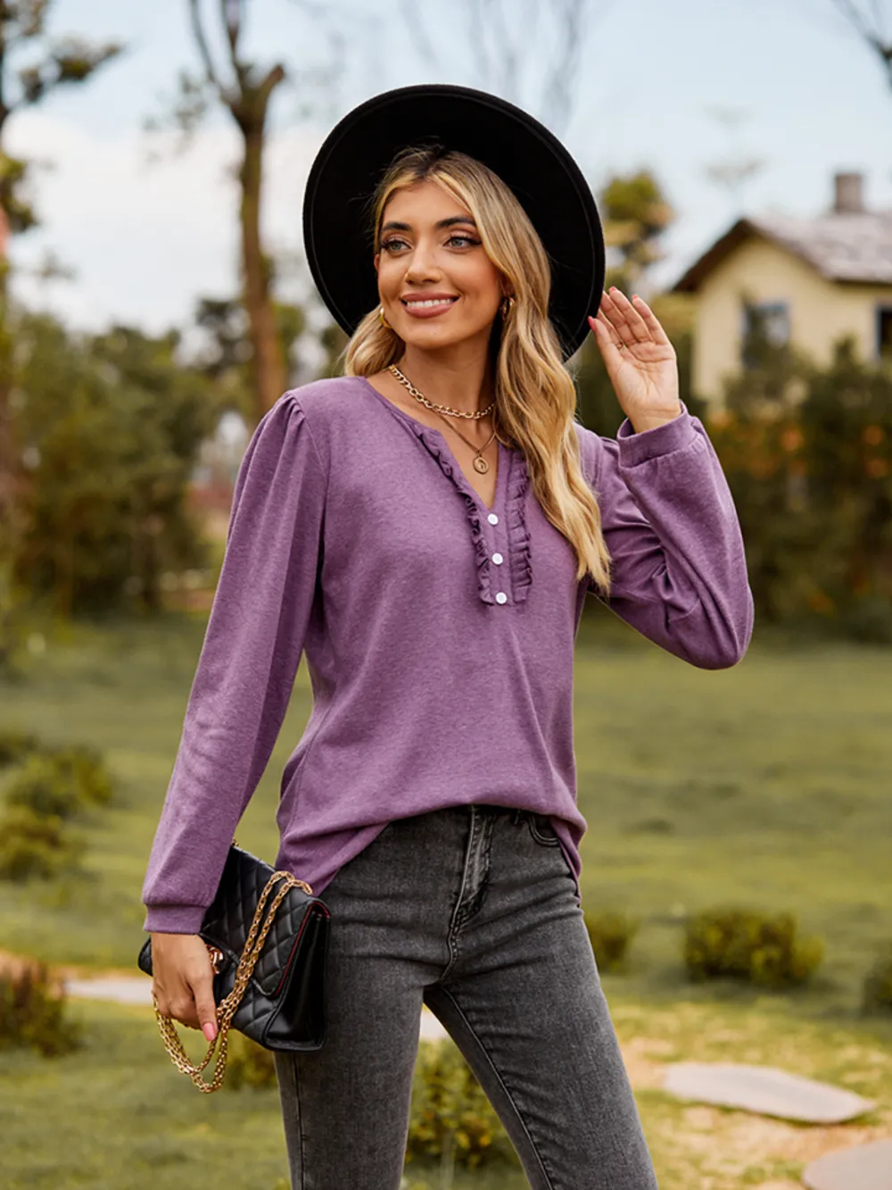 Puff Sleeve Ruffle Trim Blouse, image 4