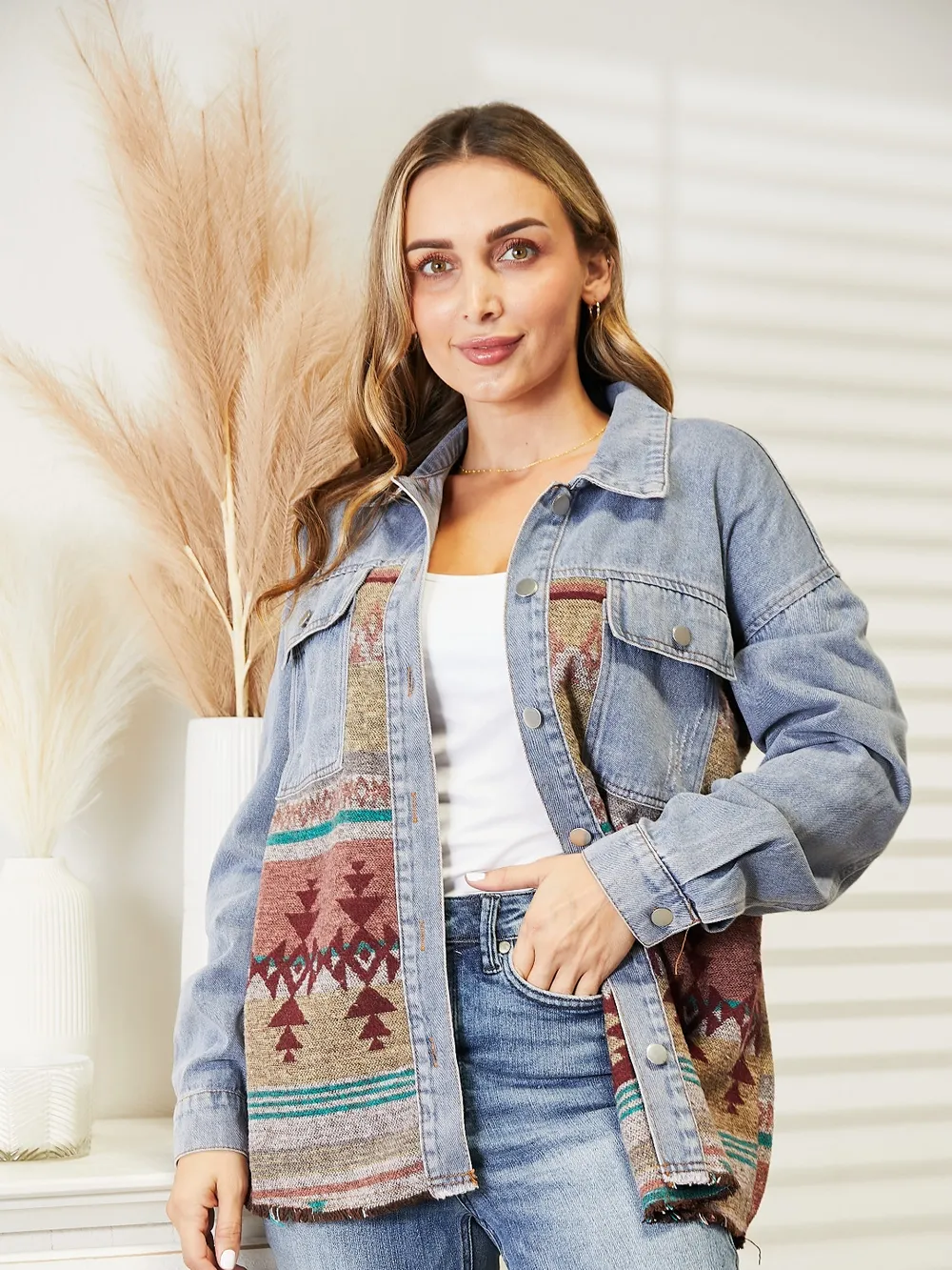 Collared Neck Dropped Shoulder Denim Jacket, image 2