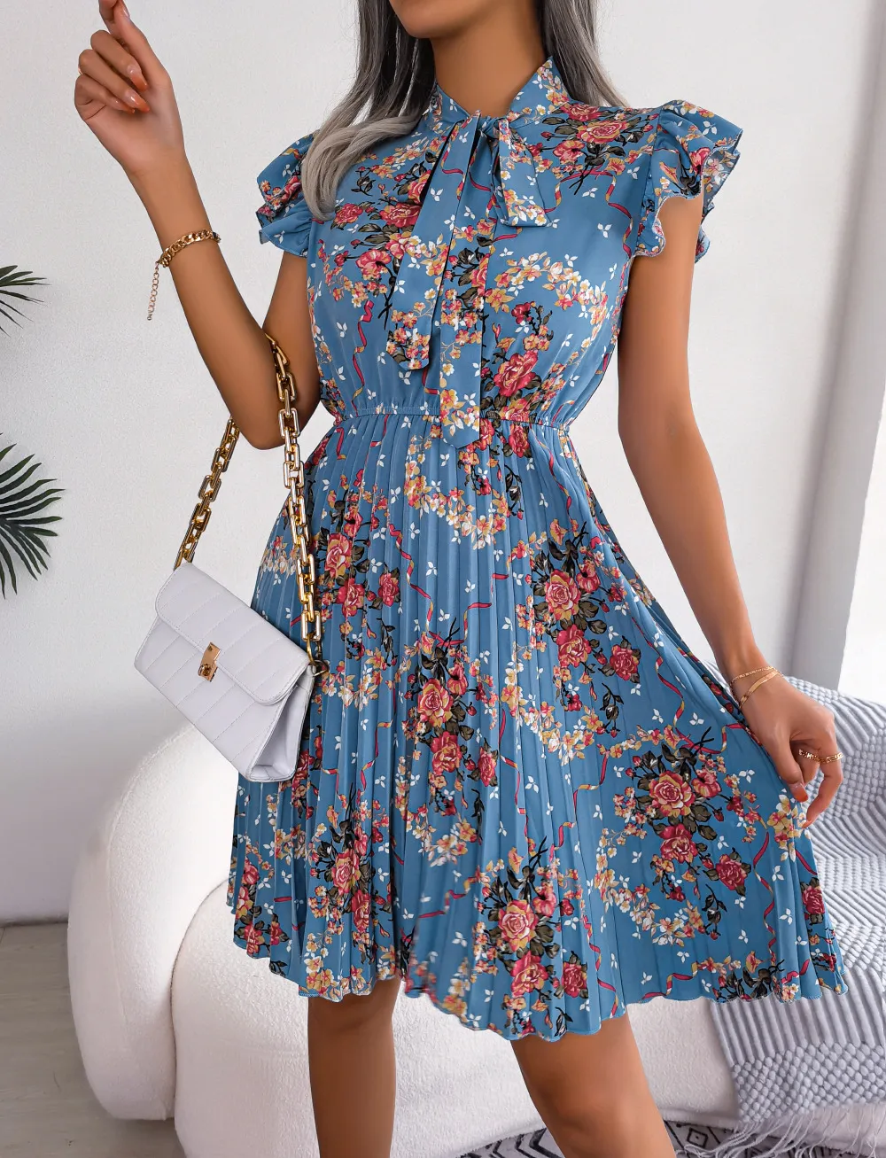 Pleated Floral Printed Tie Neck Knee Length Dress, image 5
