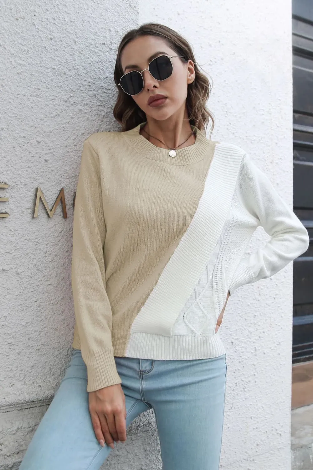 Contrast Color Round Neck Long Sleeve Sweater, image 8