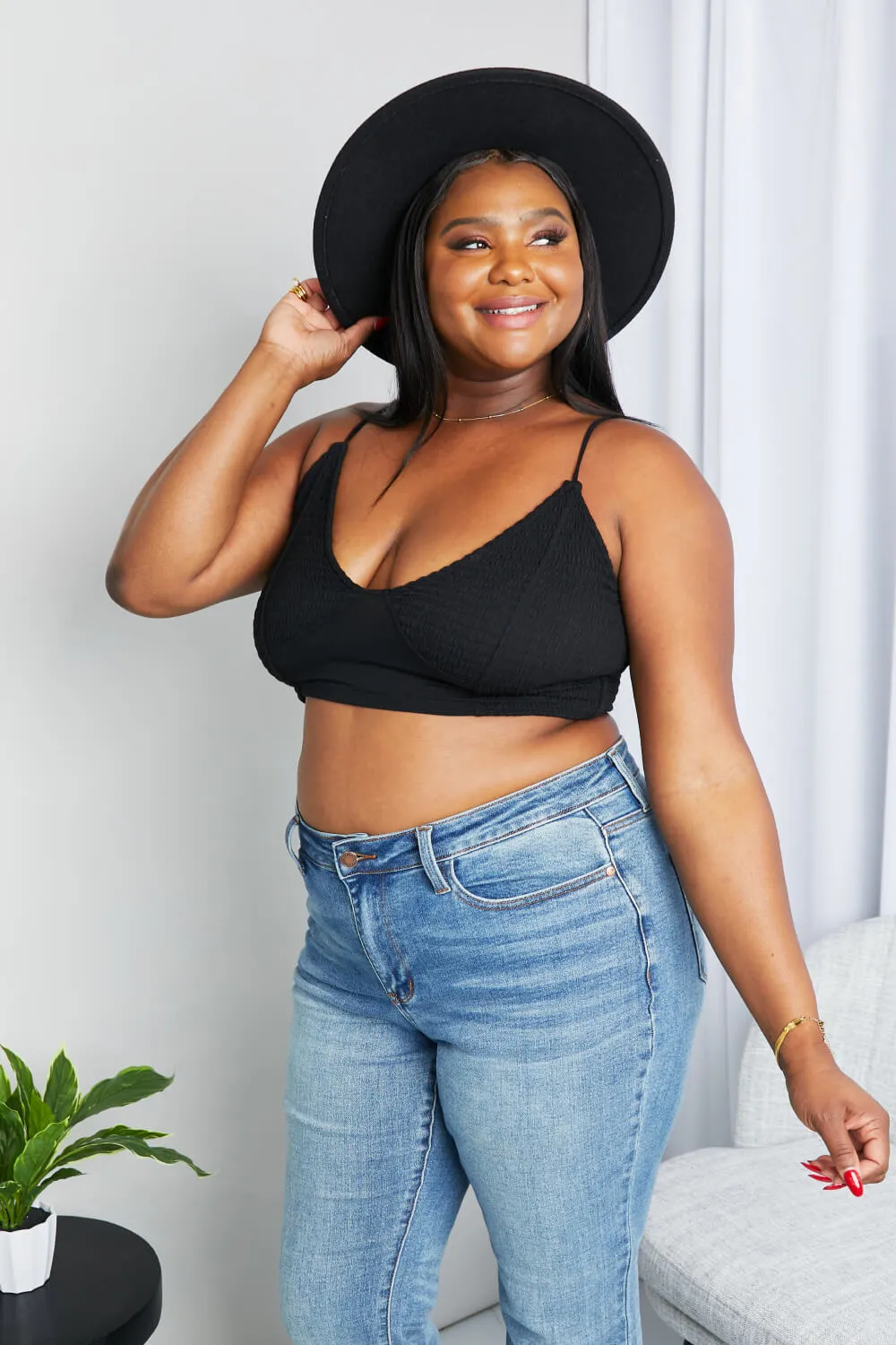 Full Size Textured Spaghetti Strap Bralette in Black, image 7