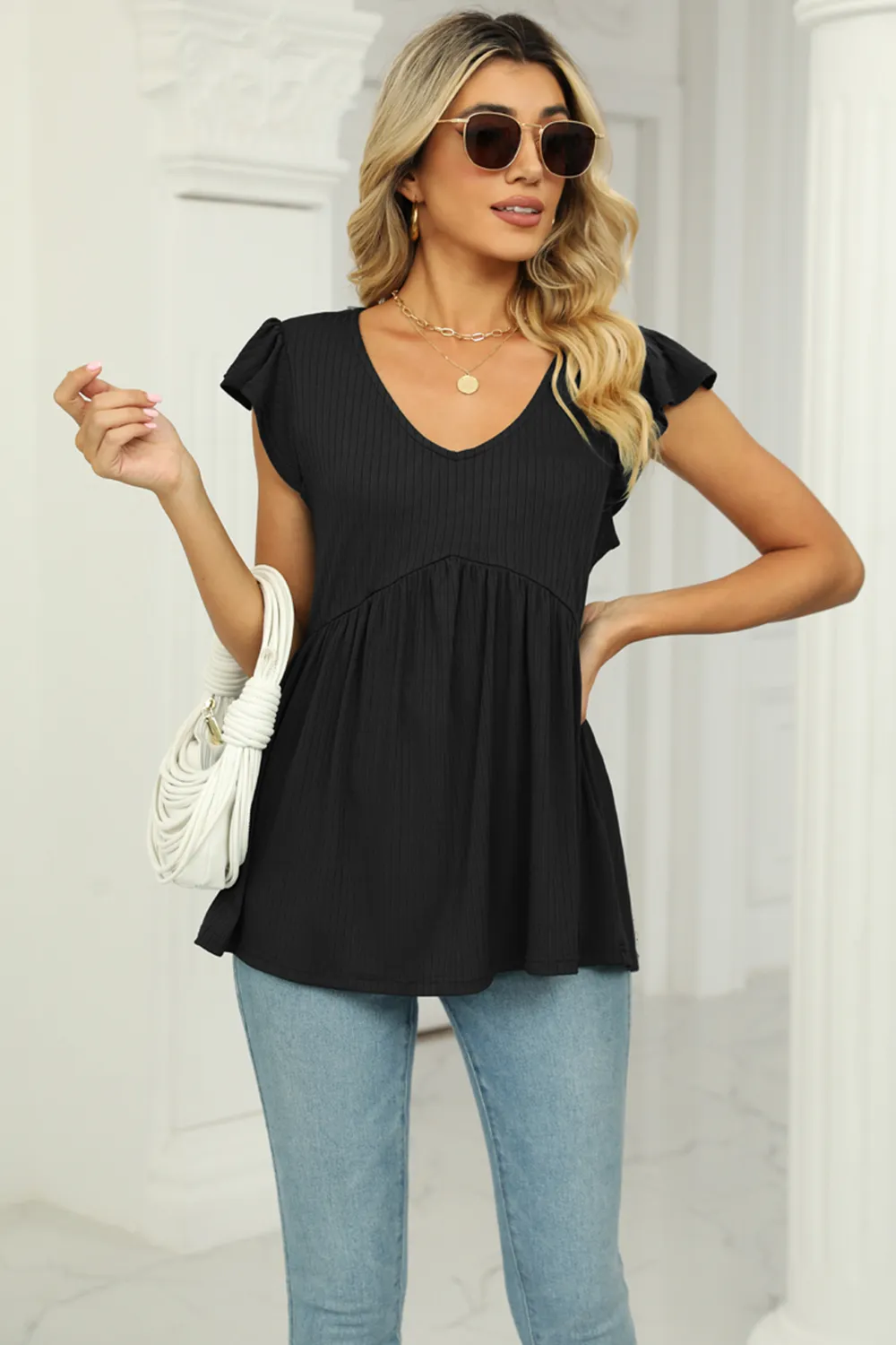 V-Neck Flutter Sleeve Babydoll Blouse, image 8