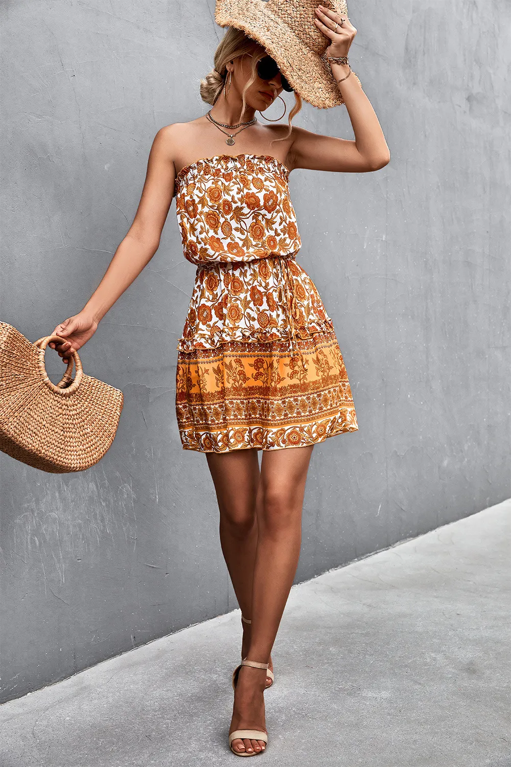 Bohemian Frill Trim Strapless Dress, image 4