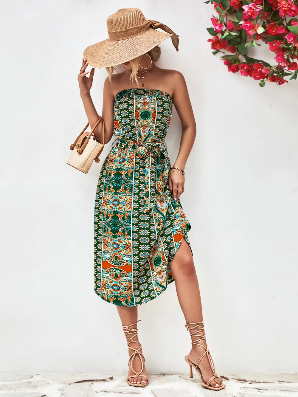 Printed Strapless Tie Belt Dress, image 9