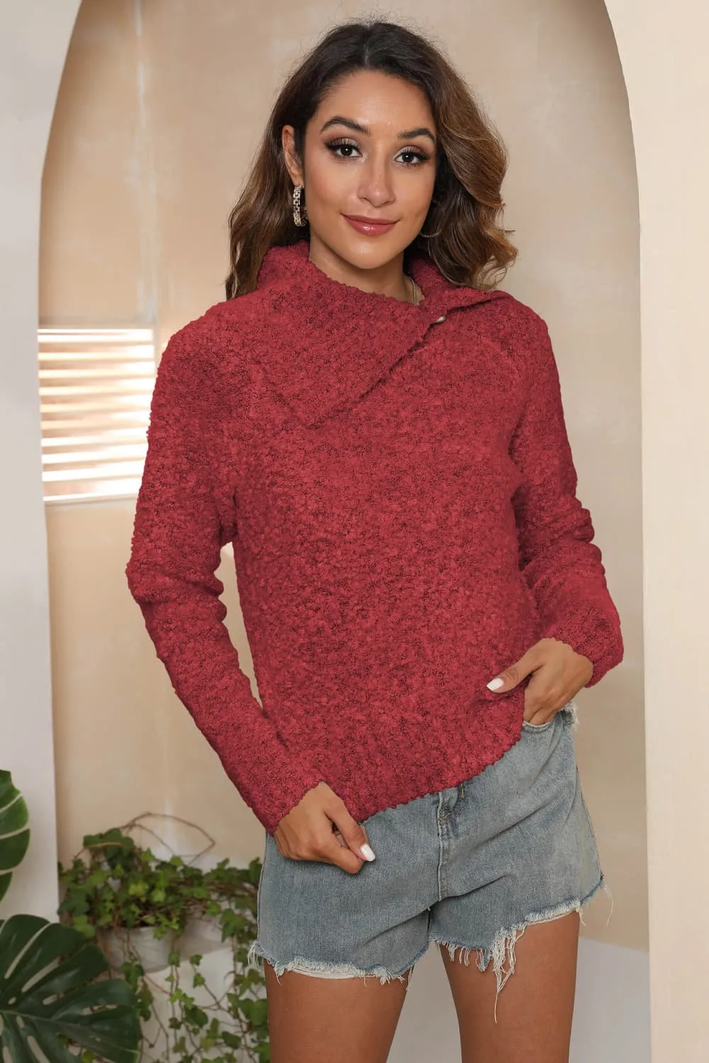 Asymmetrical Neck Long Sleeve Pullover Sweater, image 13