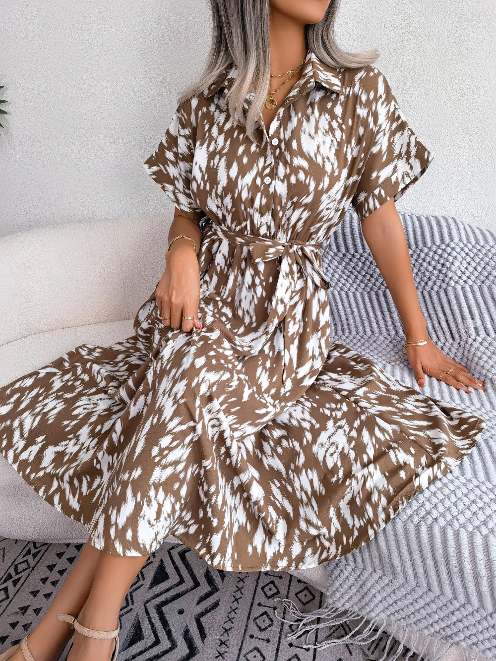 Printed Collared Neck Short Sleeve Tie Waist Dress, image 5