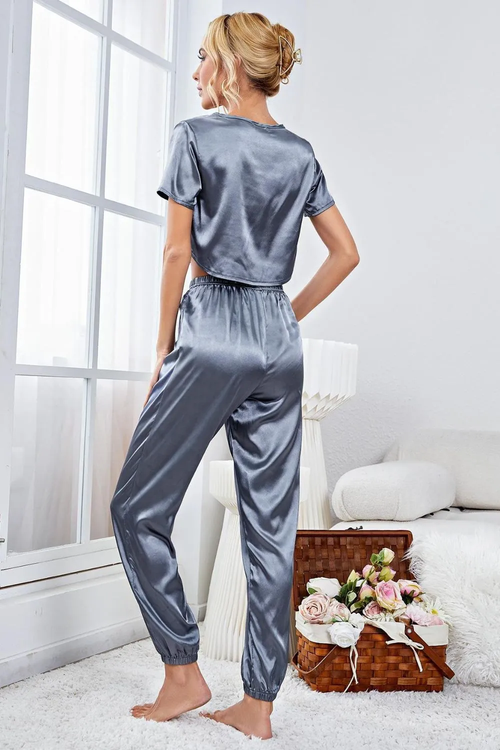 Satin Short Sleeve Crop Top and Joggers Lounge Set, image 2
