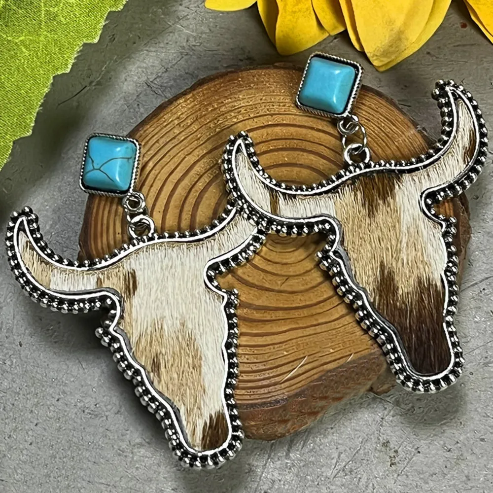 Bull Shape Turquoise Dangle Earrings, image 3