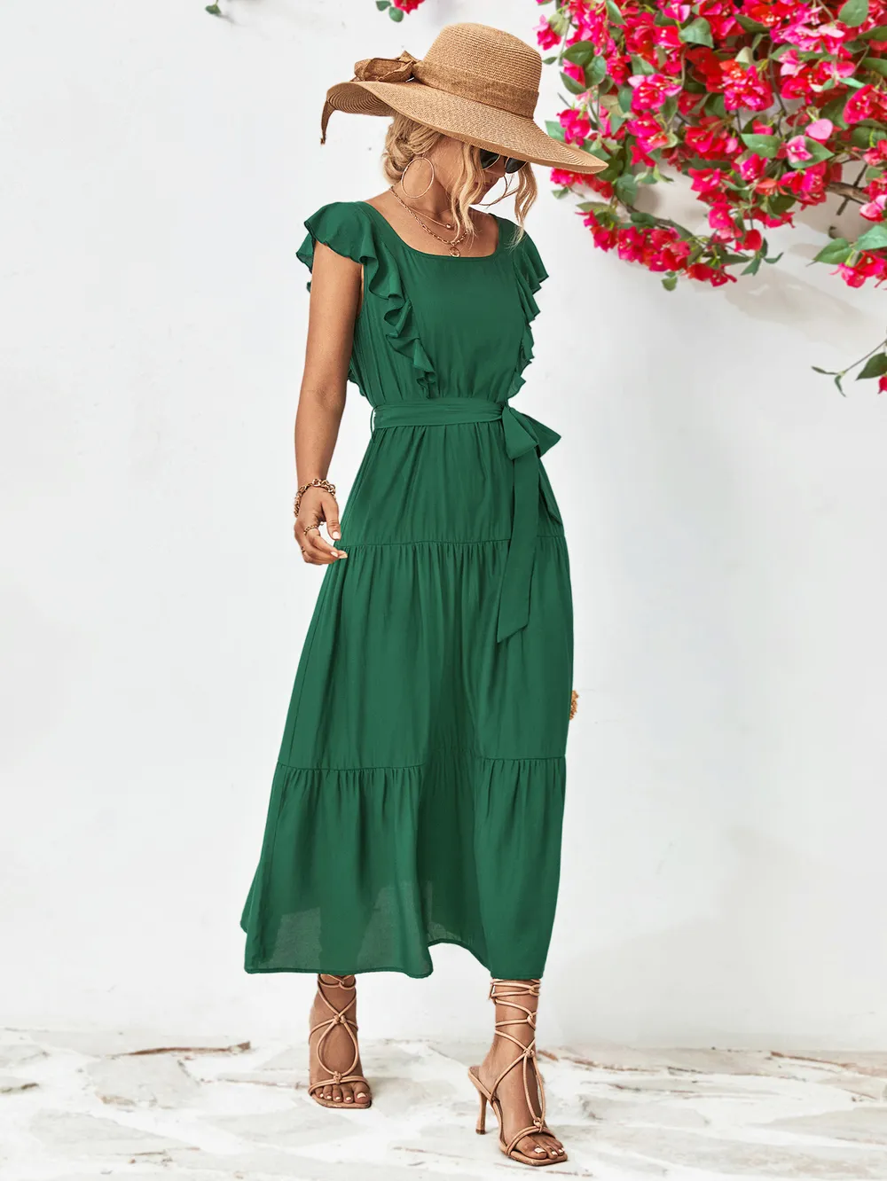 Tie Belt Ruffled Tiered Dress, image 5