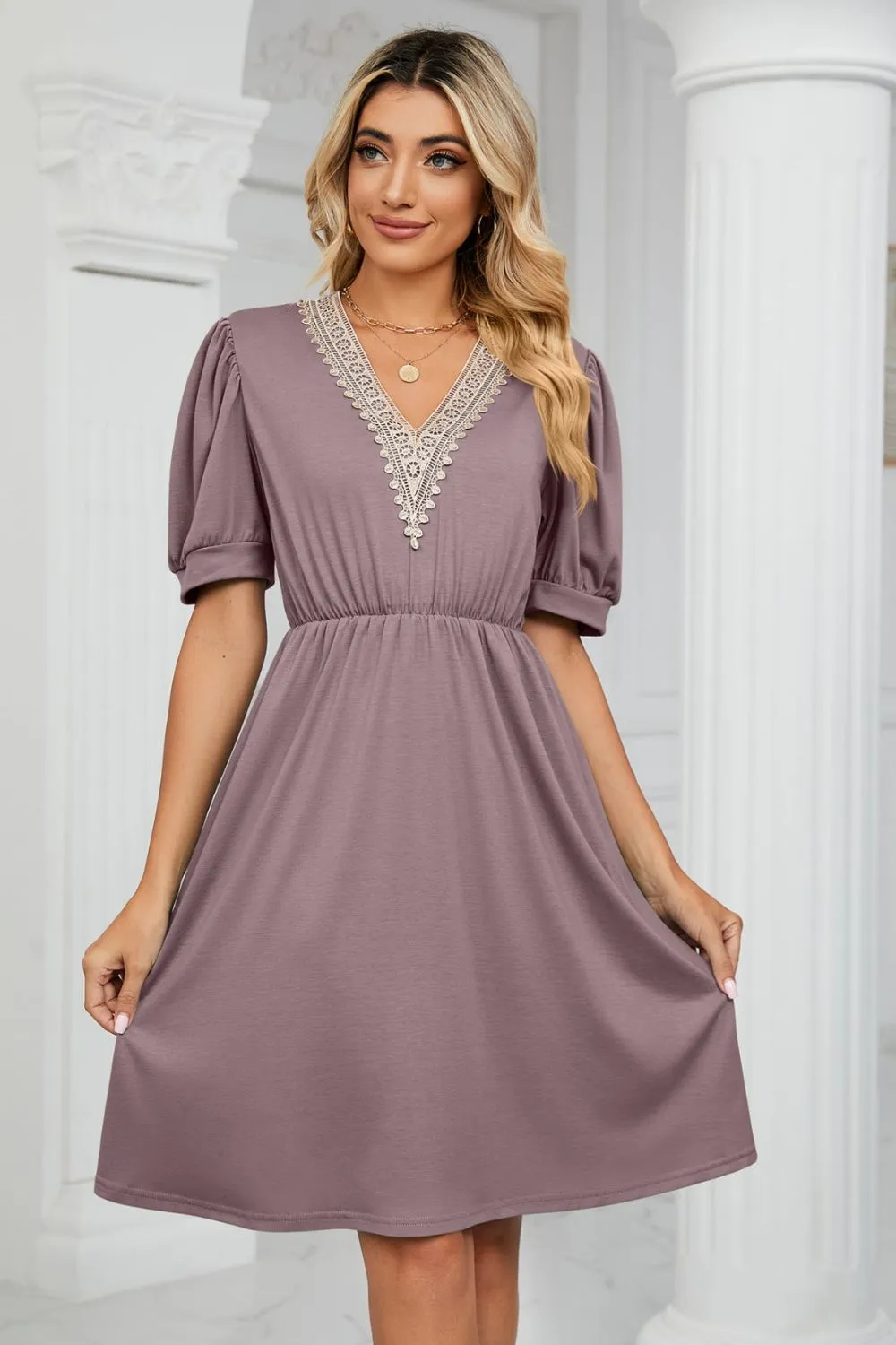 Contrast V-Neck Puff Sleeve Pocket Dress, image 19