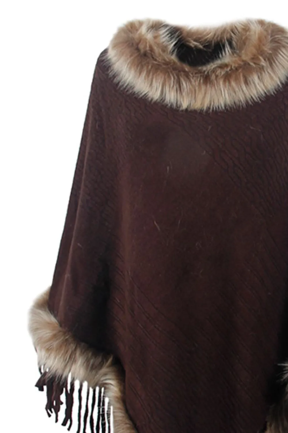 Faux Fur Trim Fringed Poncho, image 6