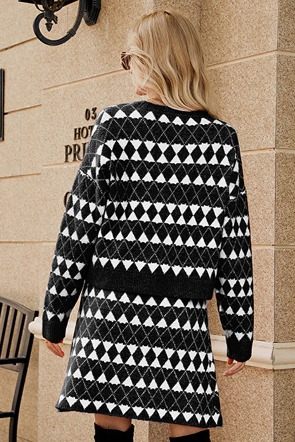 Geometric Dropped Shoulder Cardigan and Knit Skirt Set, image 6