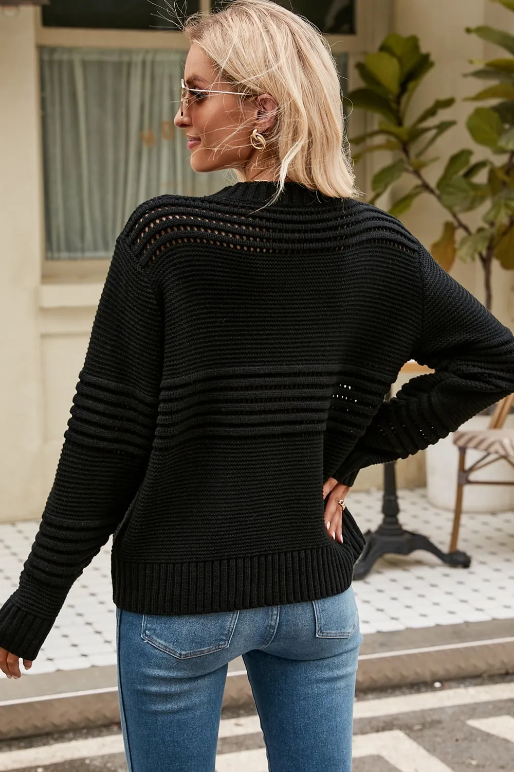 Round Neck Openwork Long Sleeve Pullover Sweater, image 6