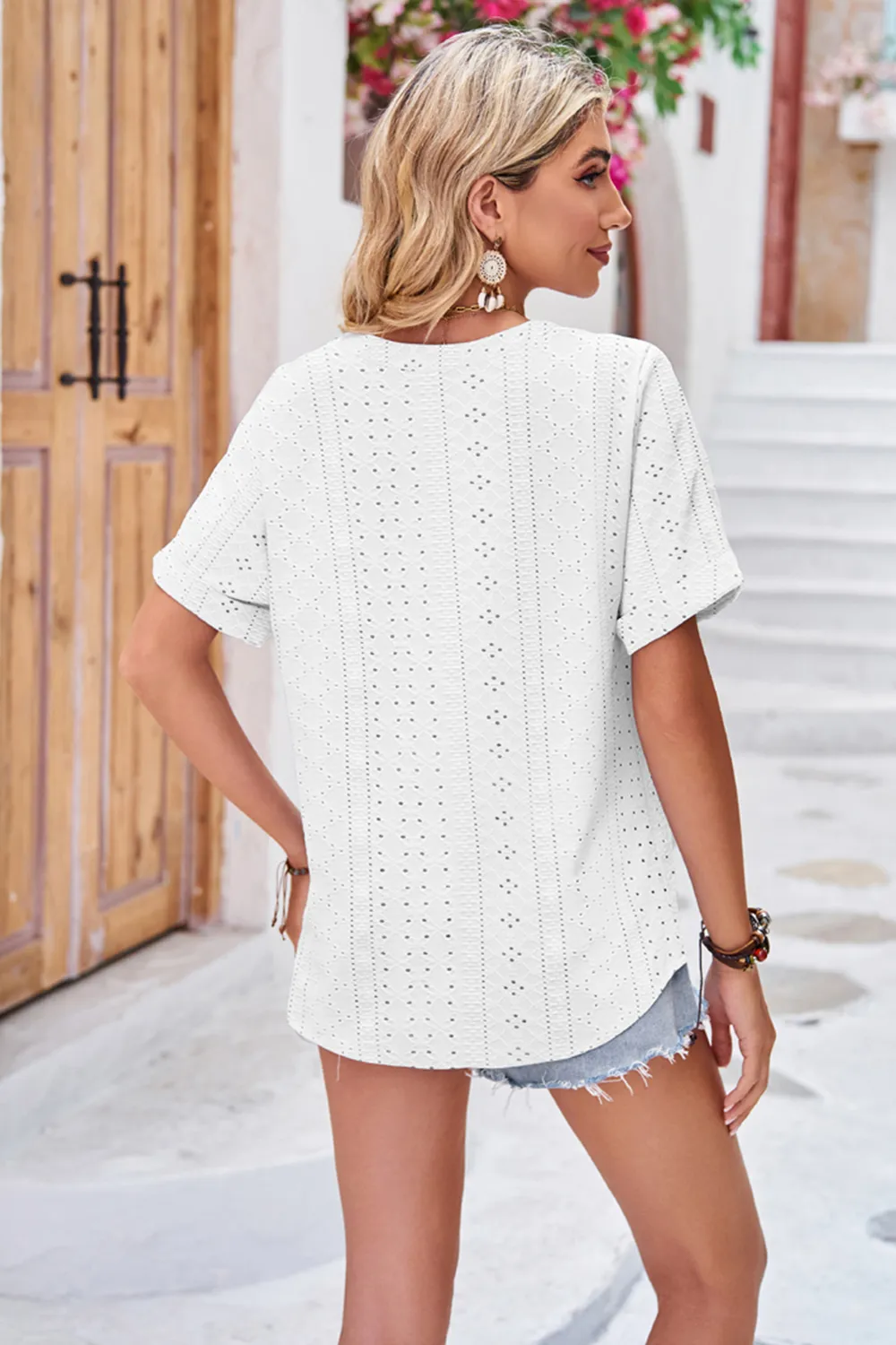 Buttoned Notched Neck Eyelet Top, image 7