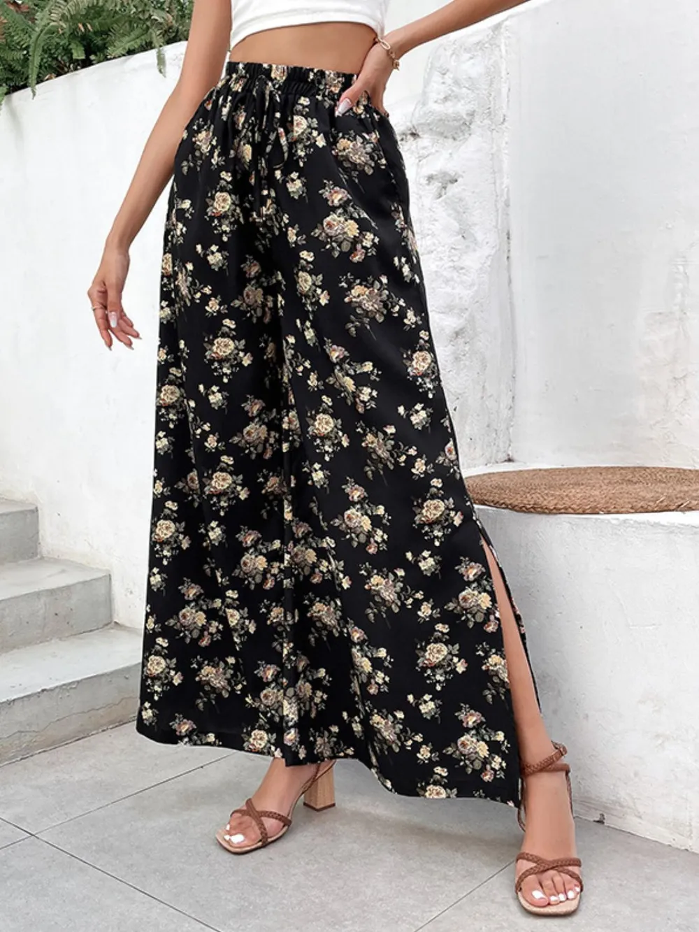 Floral Side Slit Wide Leg Pants, image 2