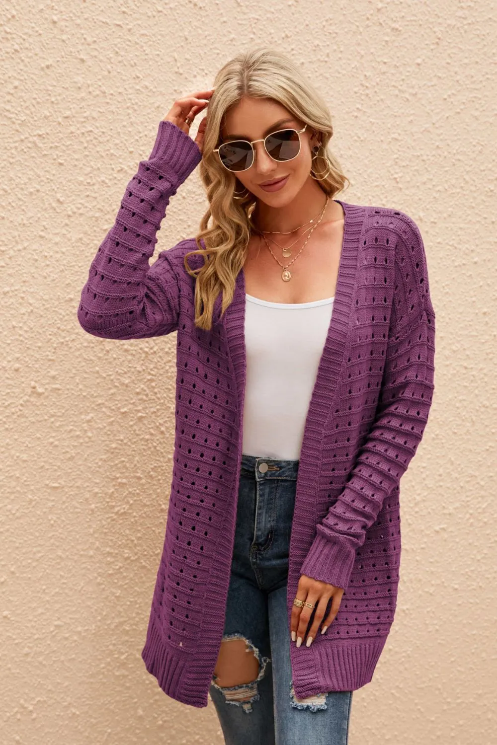 Openwork Horizontal Ribbing Open Front Cardigan, image 4