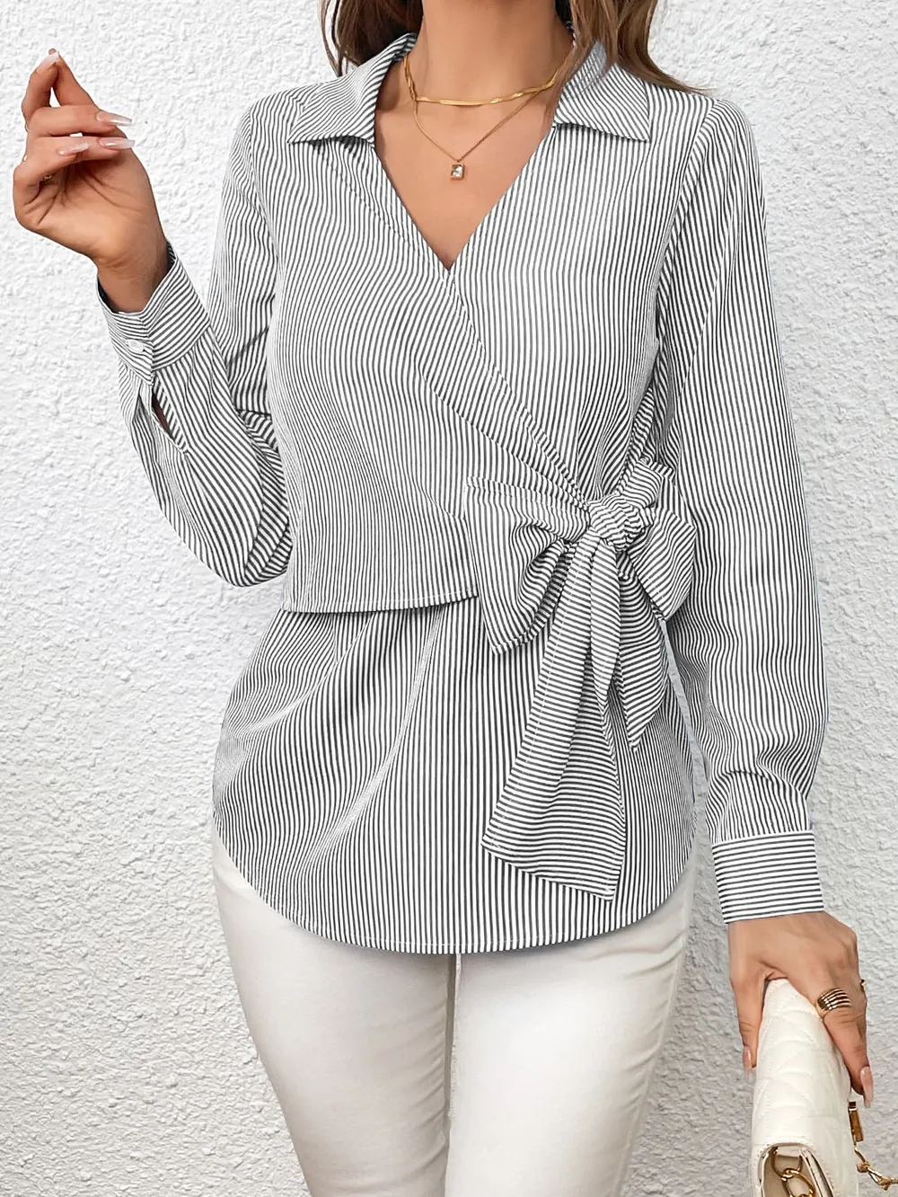 Bow Tie Waist Johnny Collar Neck Striped Blouse, image 14