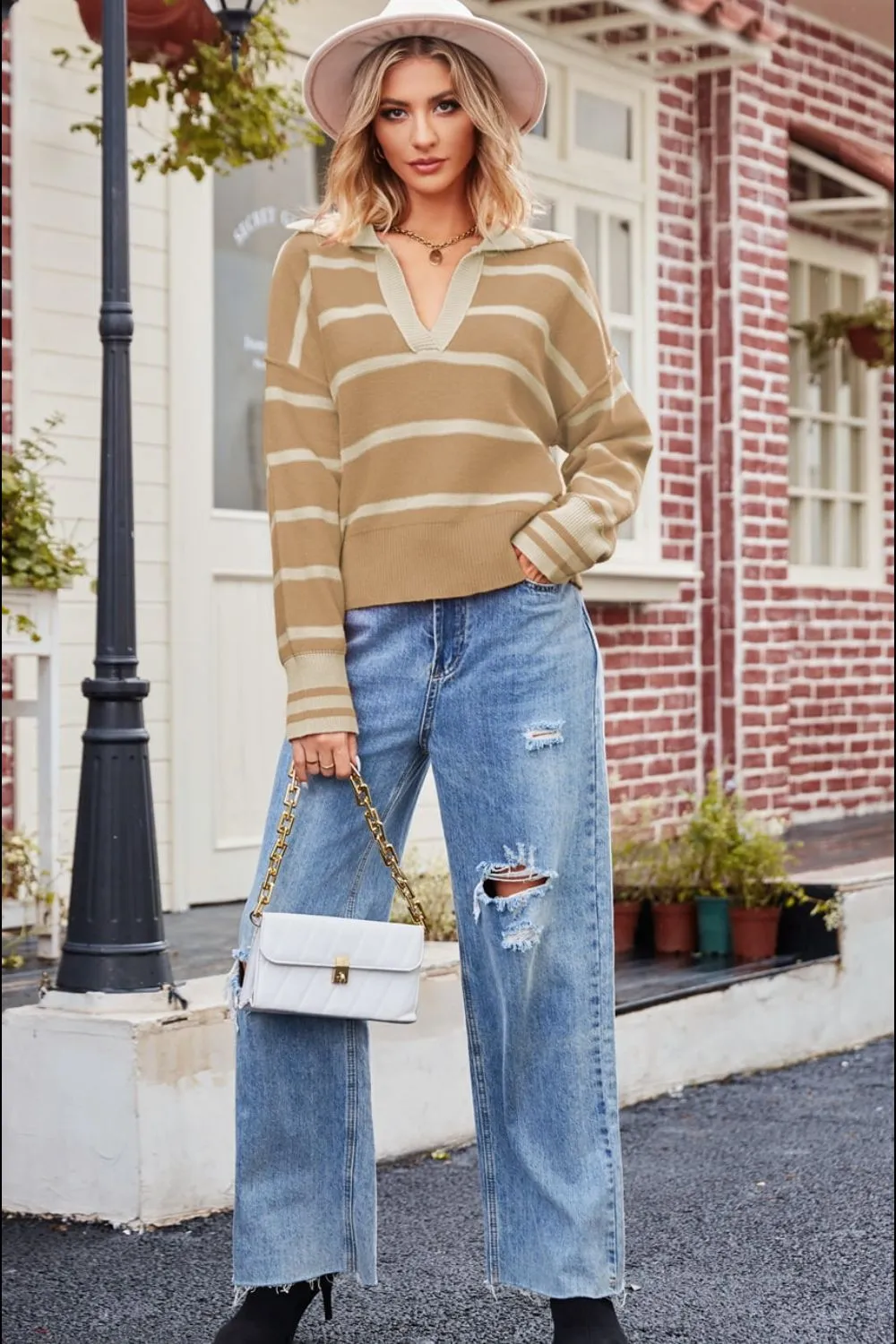 Striped Dropped Shoulder Notched Neck Knit Top, image 3