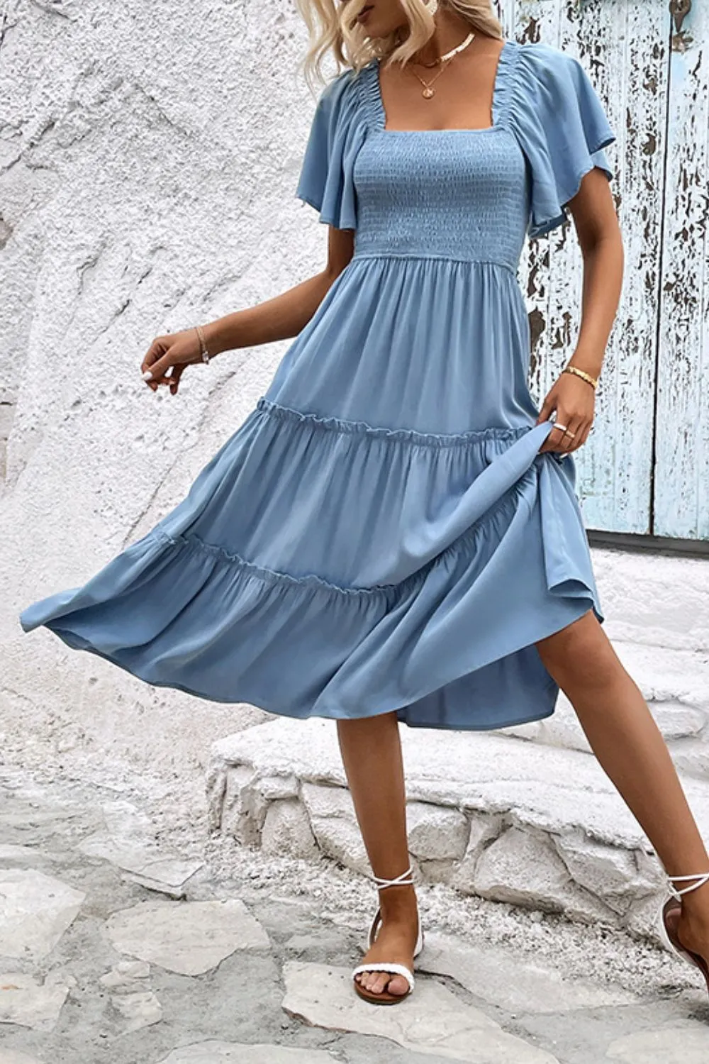 Smocked Square Neck Frill Trim Dress, image 5