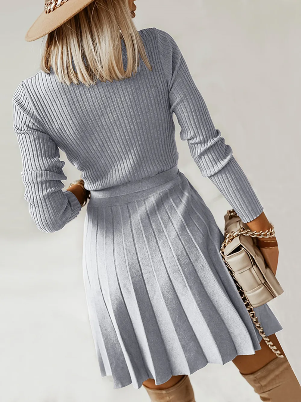 Surplice Neck Tie Front Pleated Sweater Dress, image 9