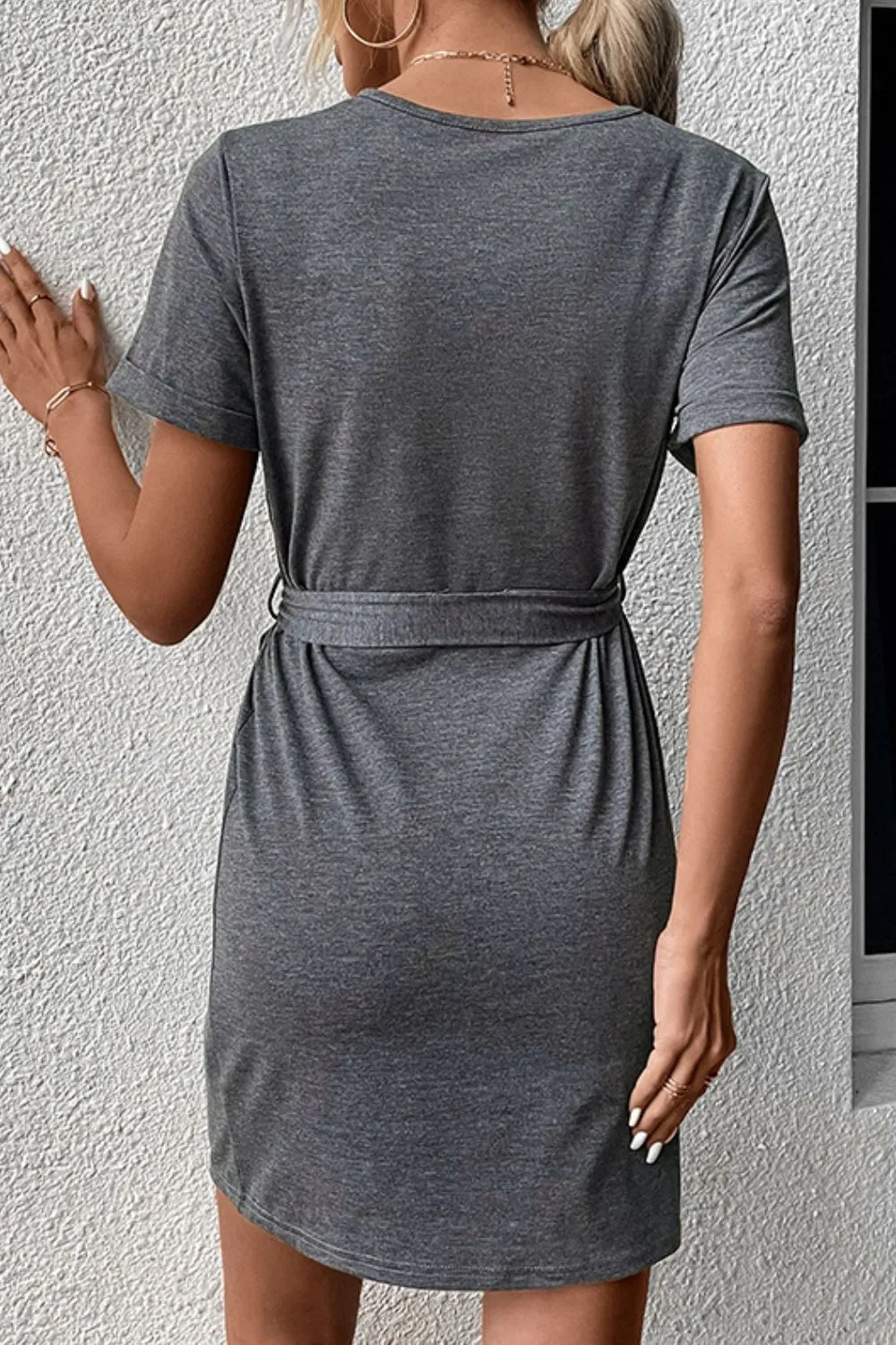 Decorative Button Tie-Waist Cuffed Sleeve Tee Dress, image 2
