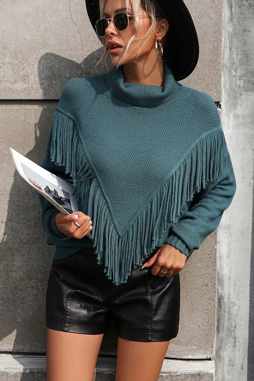 Turtle Neck Tassel Front Long Sleeve Pullover Sweater, image 4