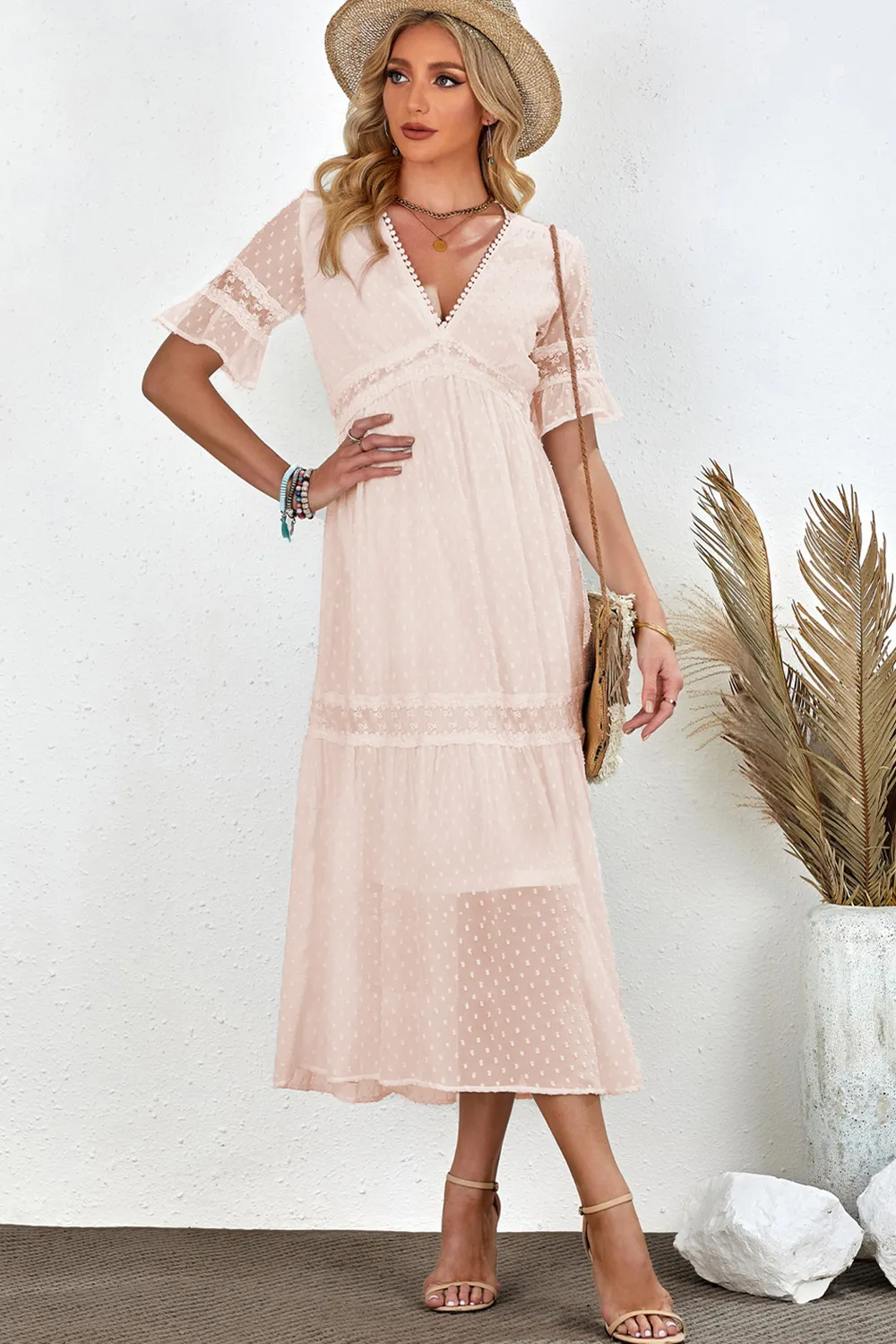 Swiss Dot V-Neck Short Sleeve Midi Dress, image 8