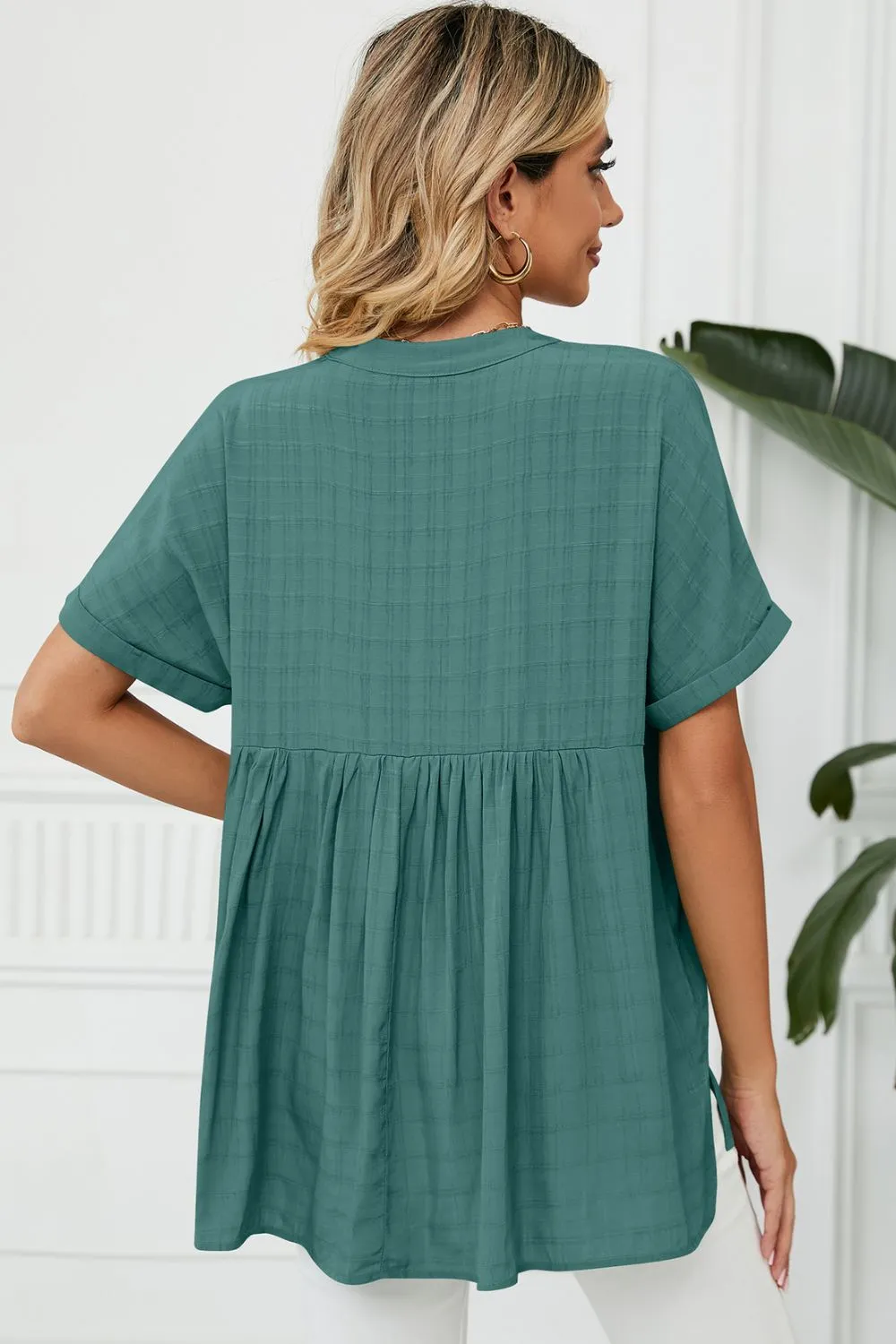 Side Slit Notched Neck Cuffed Short Sleeve Blouse, image 7