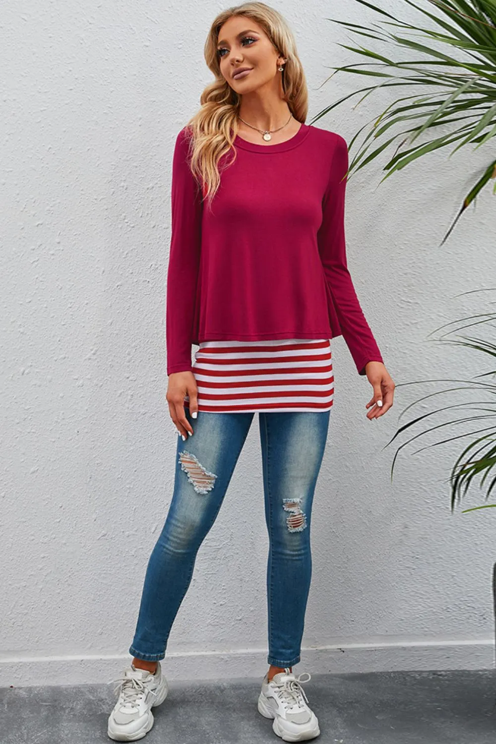 Full Size Striped Faux Layered Long Sleeve Top, image 4