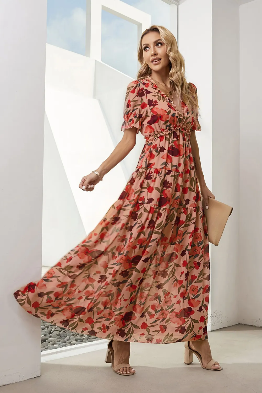 Floral V-Neck Short Flounce Sleeve Dress, image 3