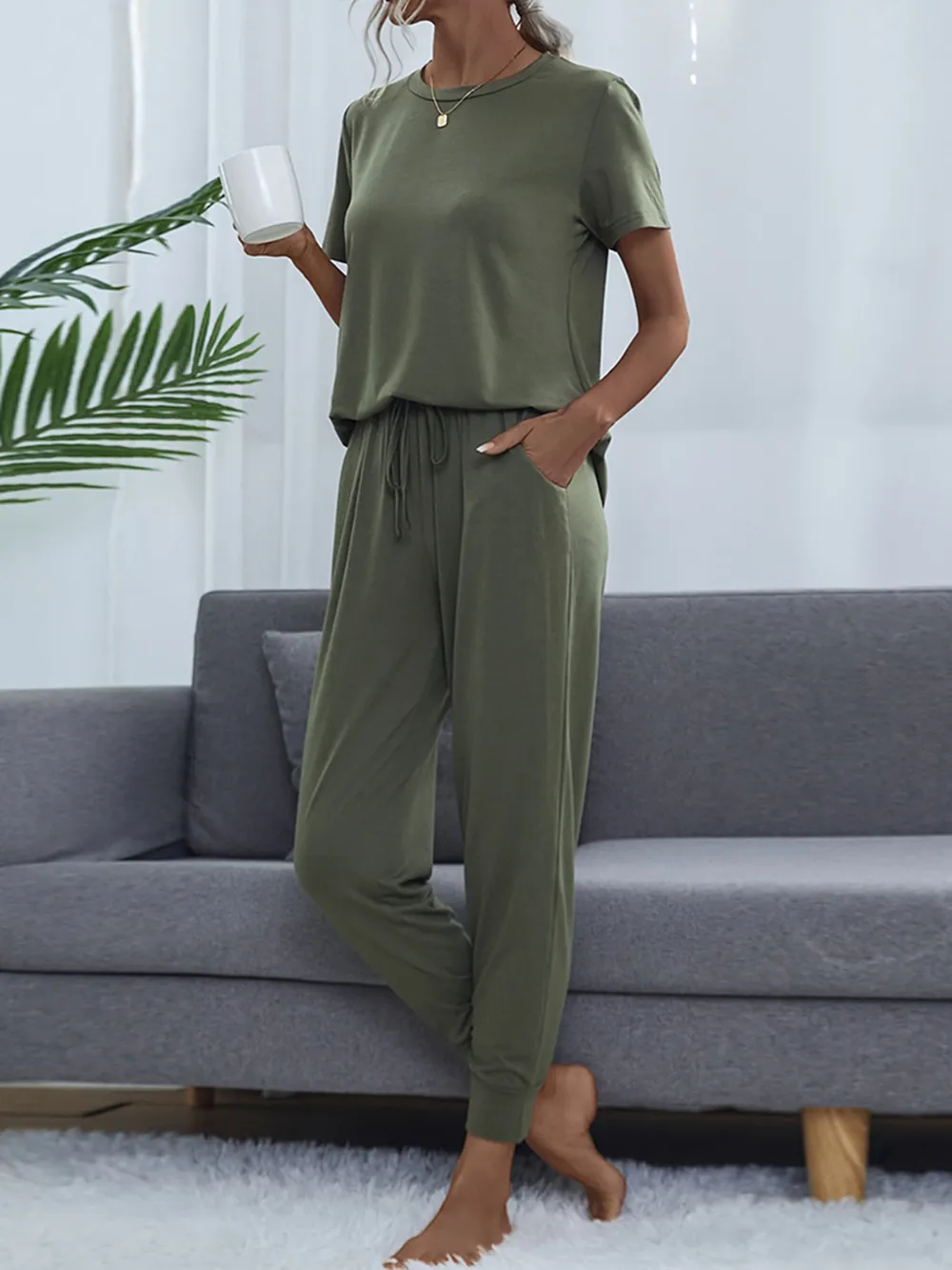 Round Neck Short Sleeve Top and Pants Set, image 9