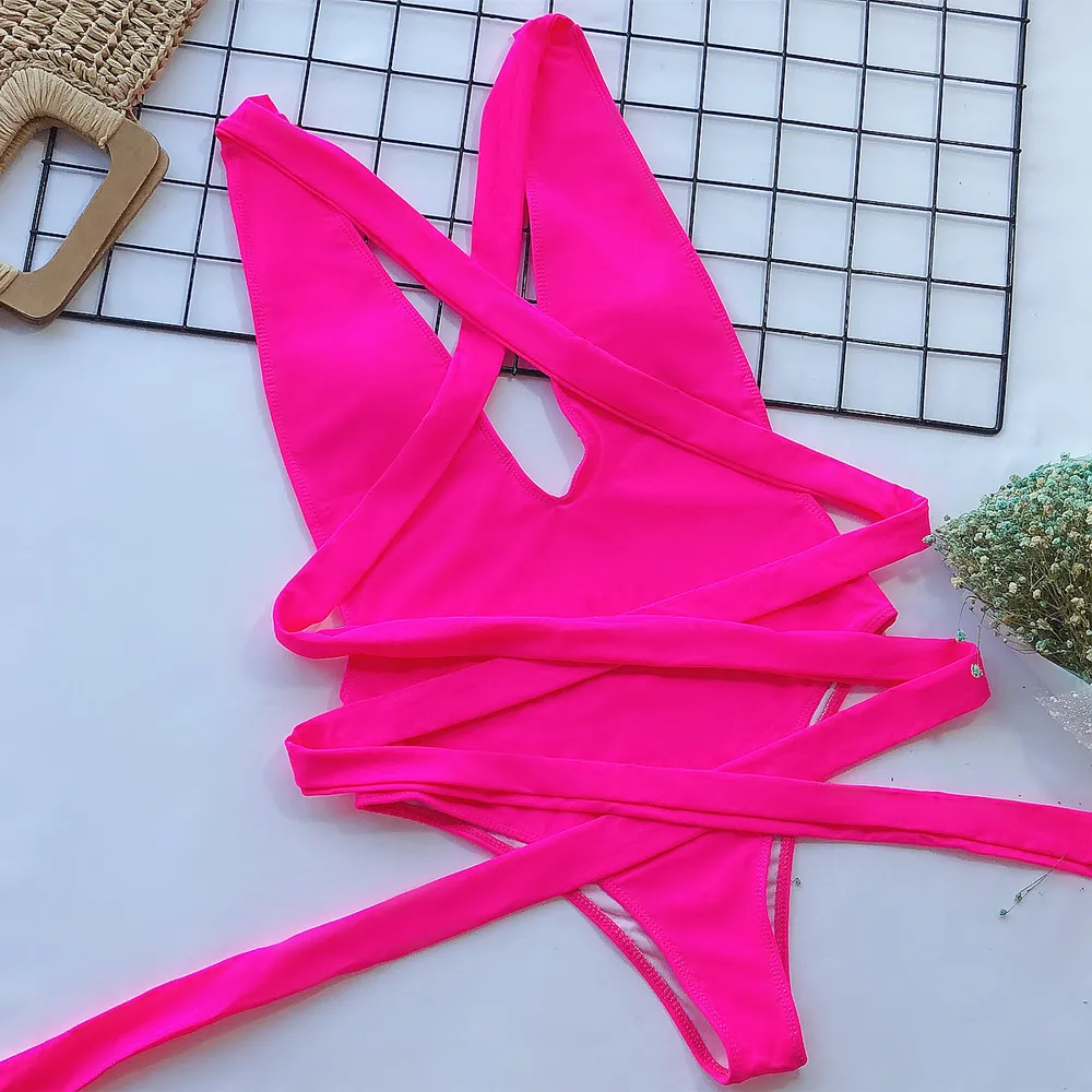 Halter Neck Deep V Tied One-Piece Swimsuit, image 9