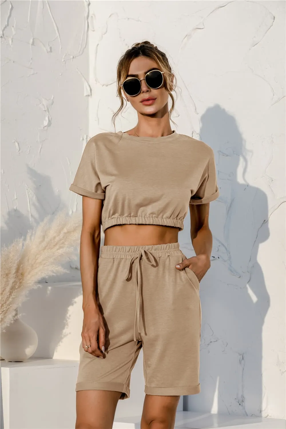 Short Sleeve Cropped Top and Drawstring Shorts Lounge Set, image 4