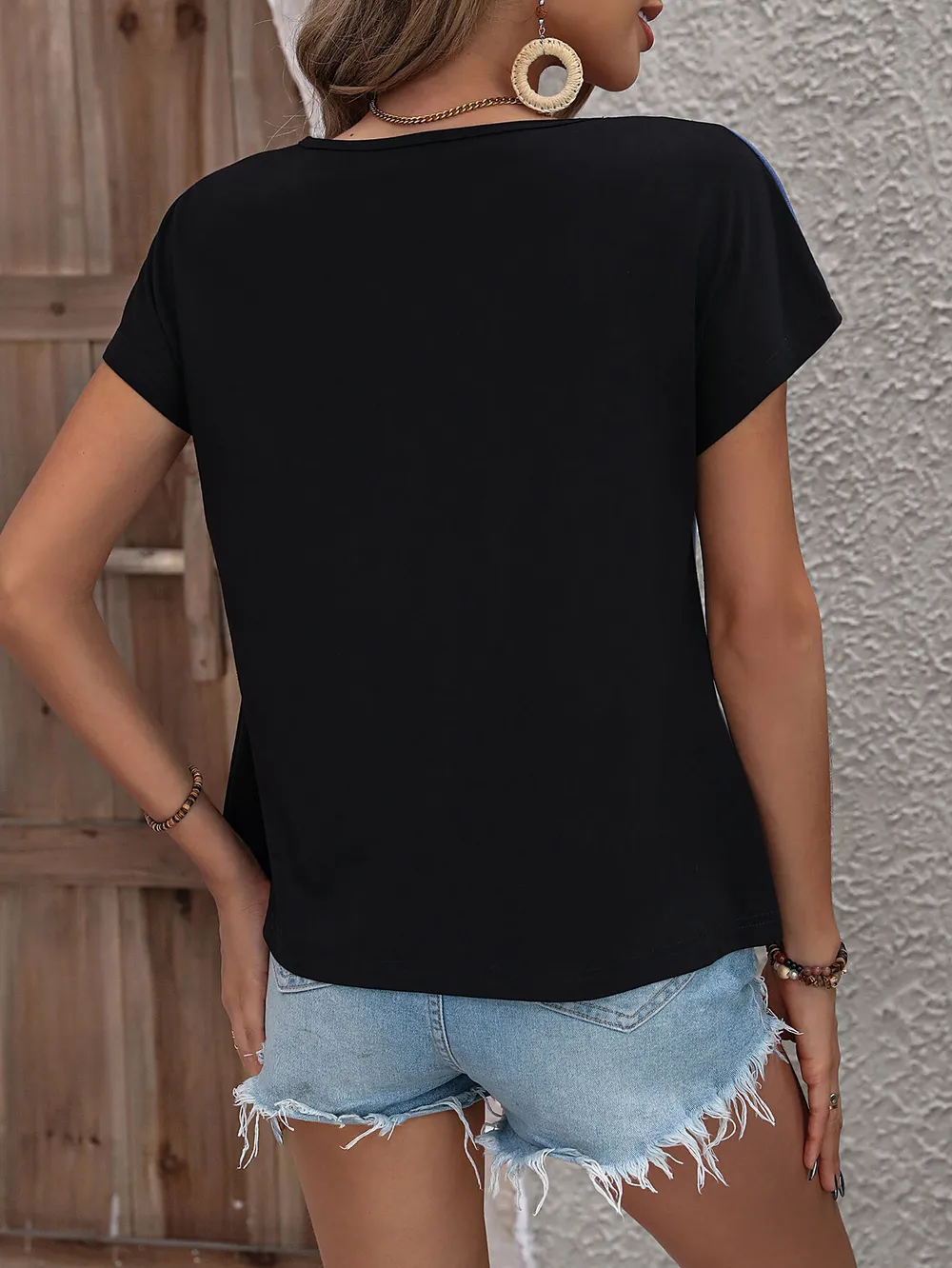 Color Block Decorative Button V-Neck Tee, image 8