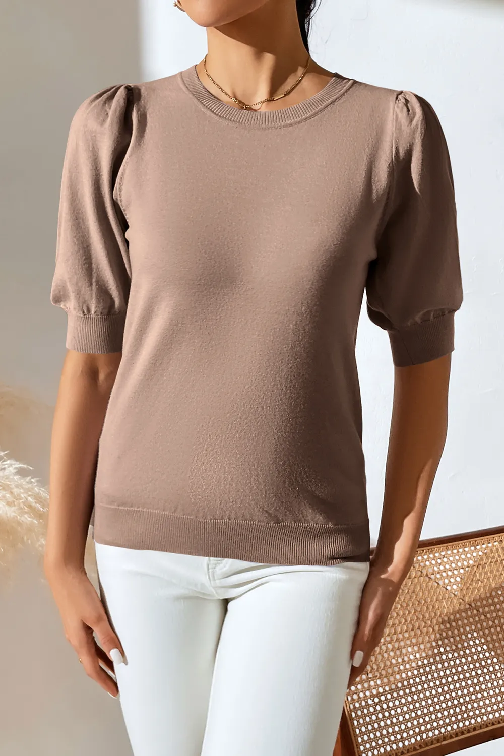 Round Neck Puff Sleeve Knit Top, image 11