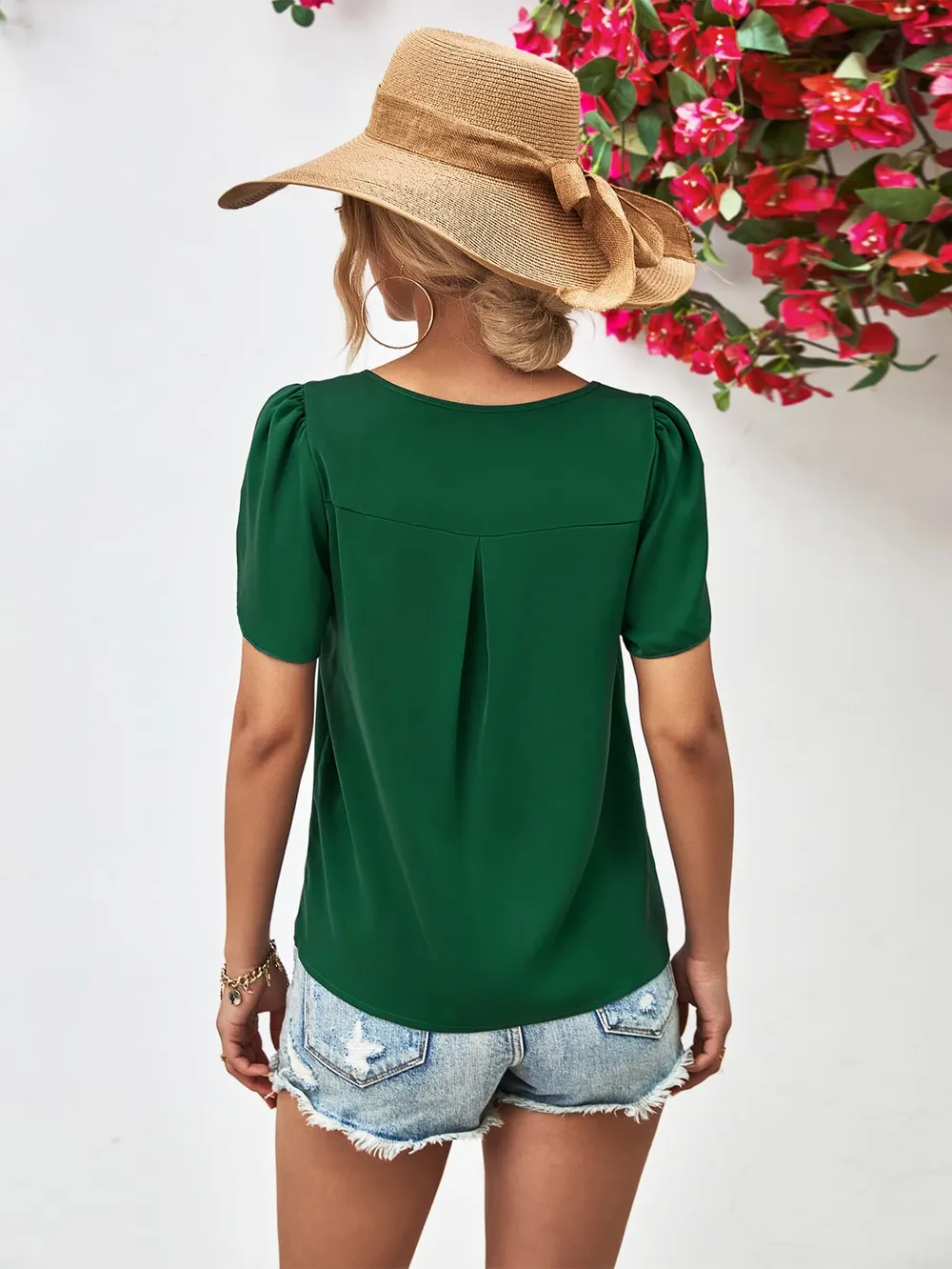 Cutout Round Neck Petal Sleeve Blouse, image 3
