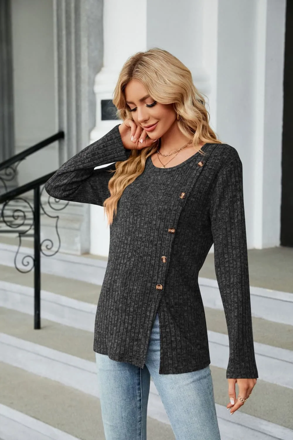 Buttoned Long Sleeve Slit Top, image 14