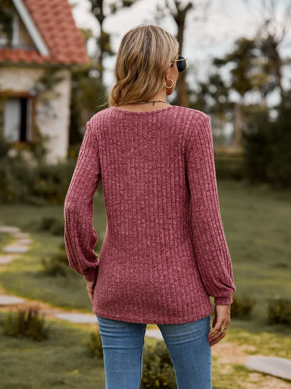 Round Neck Button-Down Long Sleeve Tee, image 17
